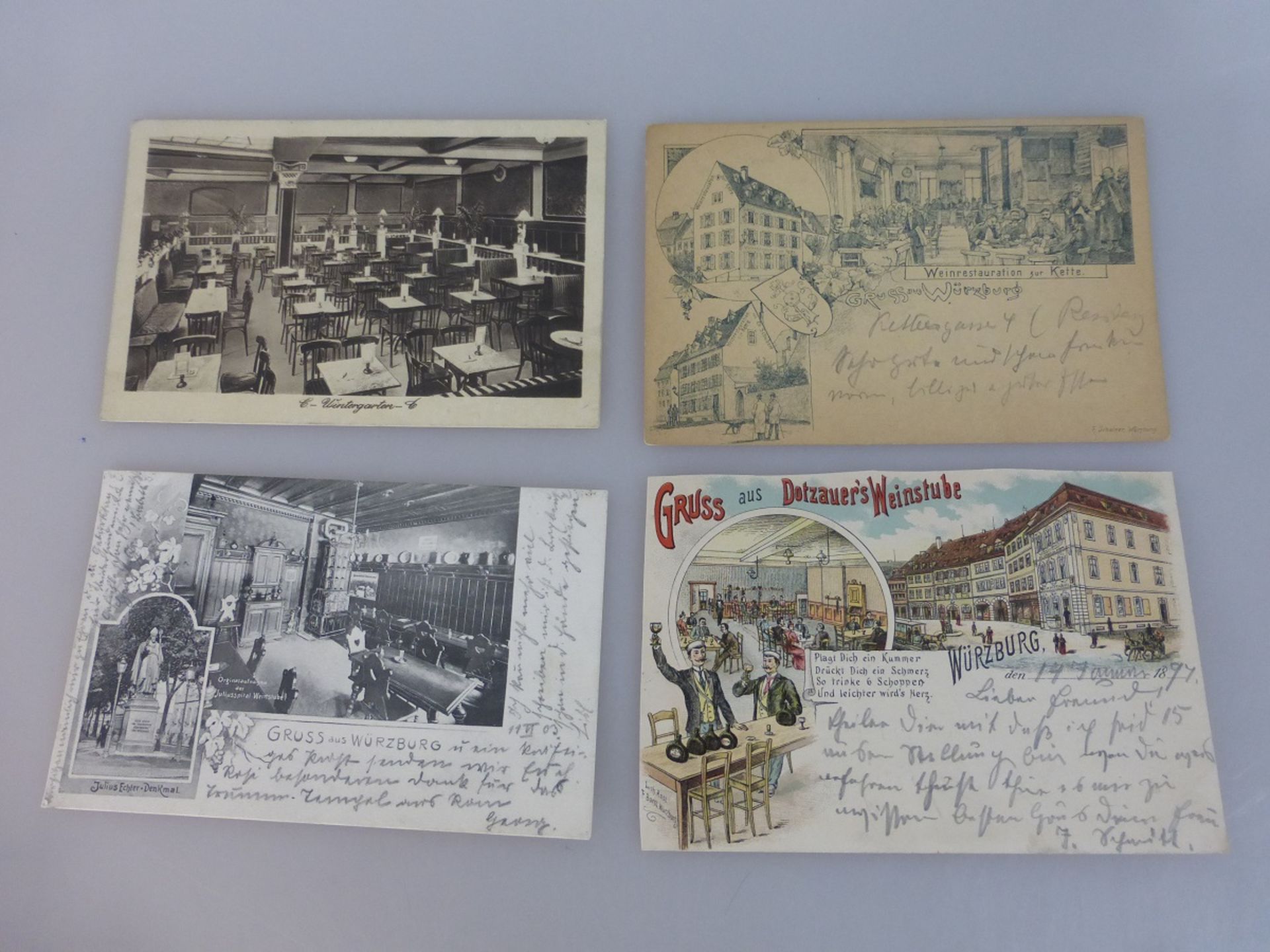 4 Postkarten Würzburg, 3 Karten gel., Gasthäuser - Dotzauer's Weinstube (beschn.),