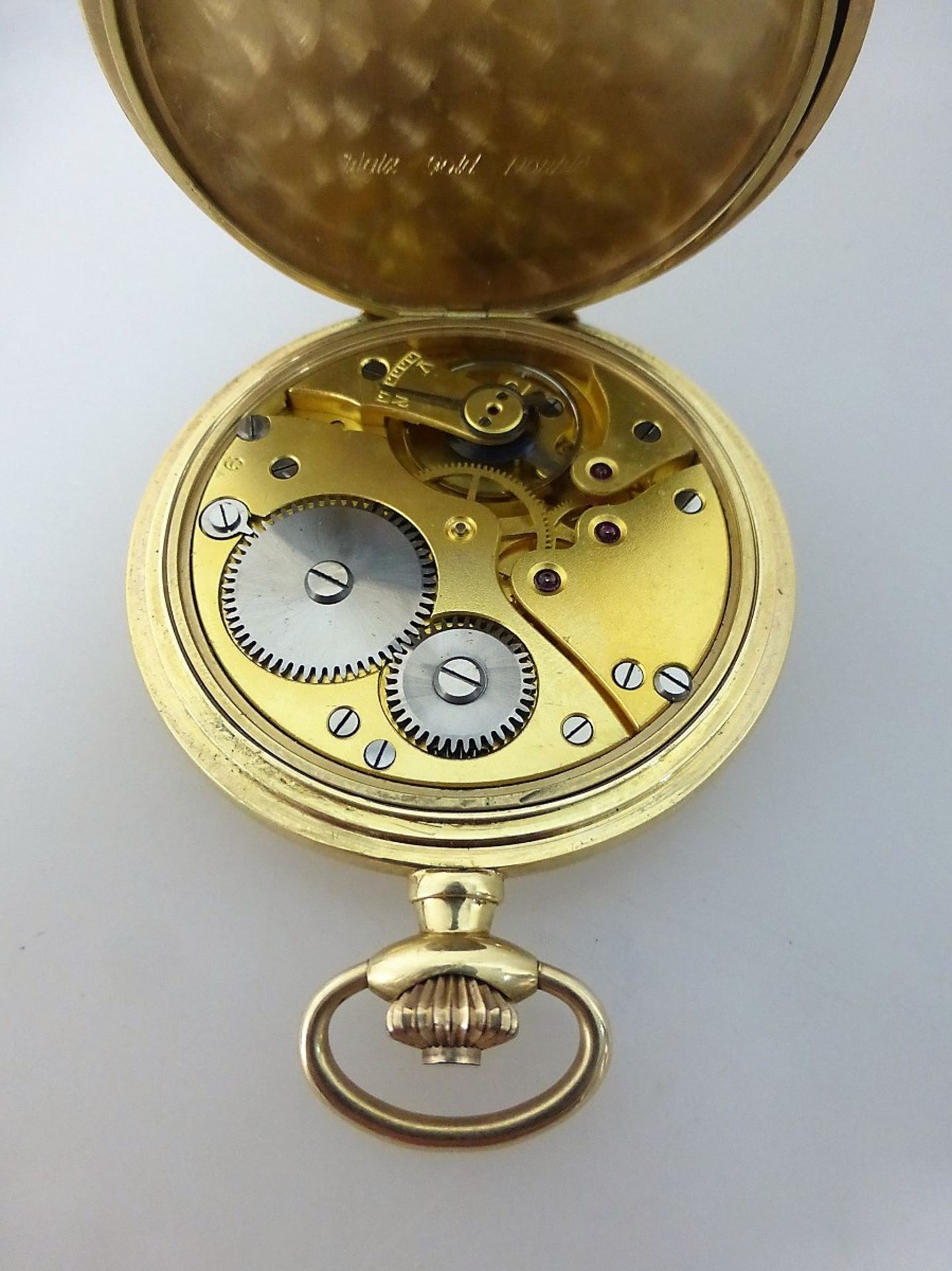 Sprungdeckeltaschenuhr, Gelbgold 585, Zwischendeckel Metall, glattes Gehäuse, Zifferblatt - Image 3 of 3