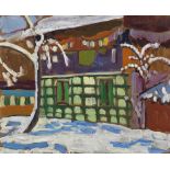 Gabriele Münter 1877 Berlin - 1962 Murnau Haus mit Schneebäumen in Kochel. 1908/09. Öl auf Malpappe.