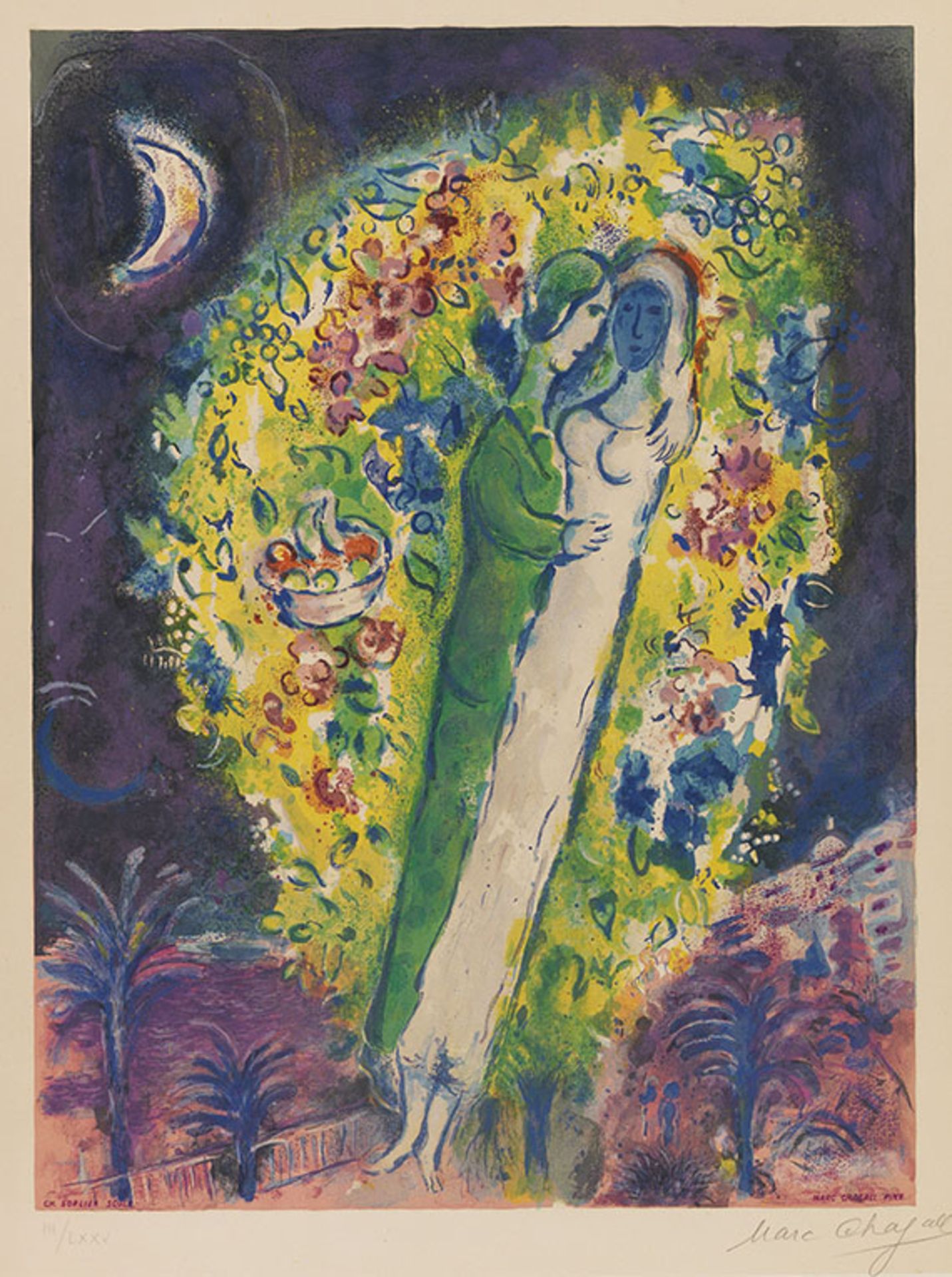 Marc Chagall 1887 Witebsk - 1985 Saint-Paul-de-Vence Couple dans les mimosas. 1967. Farblithografie.