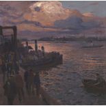 Friedrich Kallmorgen 1856 Hamburg - 1924 Grötzingen Hamburger Hafen im Abendlicht. Um 1900. Öl auf
