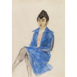 Rudolf Schlichter 1890 Calw - 1955 München Frau mit blauem Kleid. Um 1925. Aquarell und Bleistift.