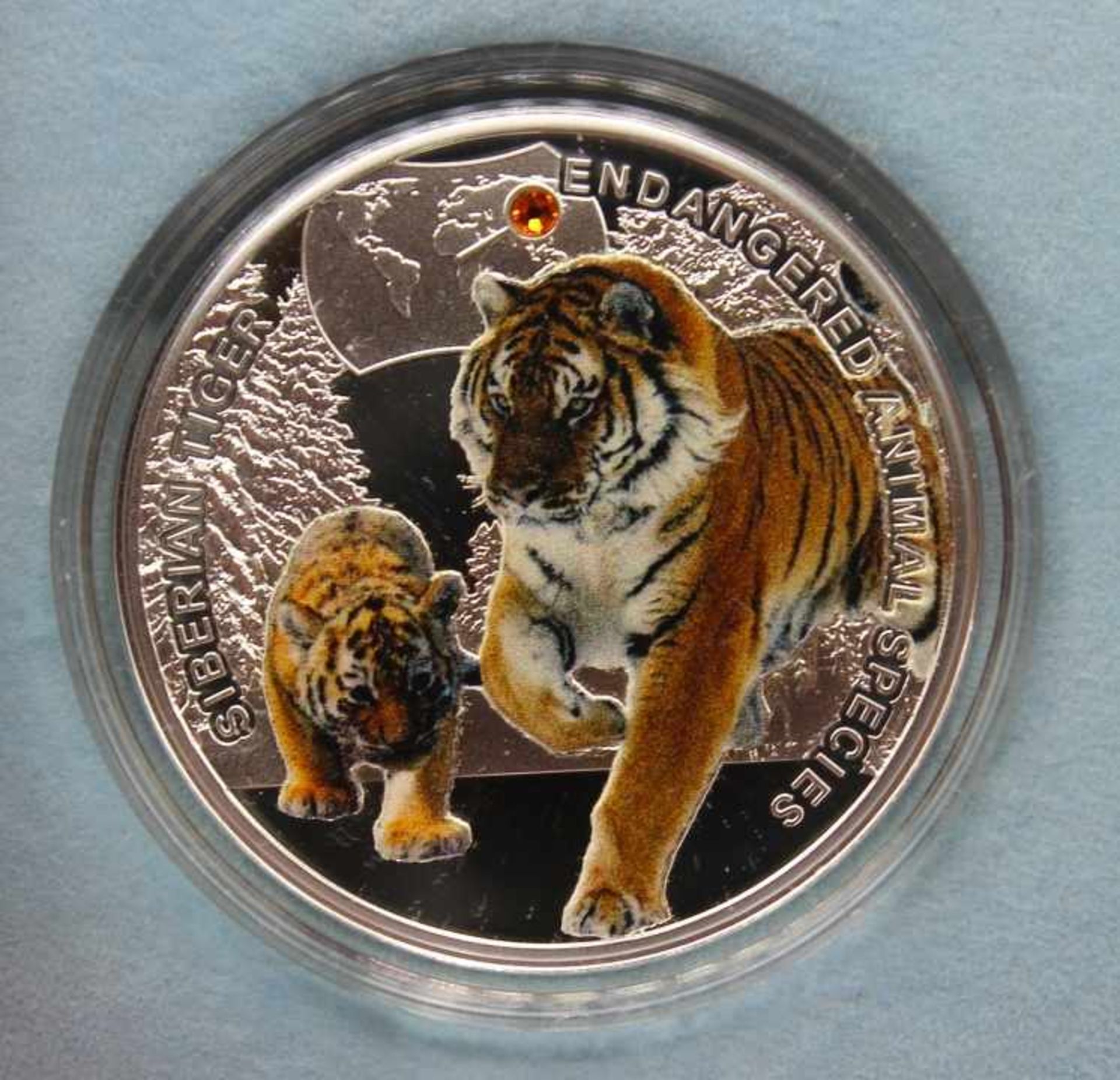 1 Dollar Münze Sibirischer Tiger, von 2014, Silber 999, koloriert, 17,5 Gramm, d.= 38,6 mm, Rs: