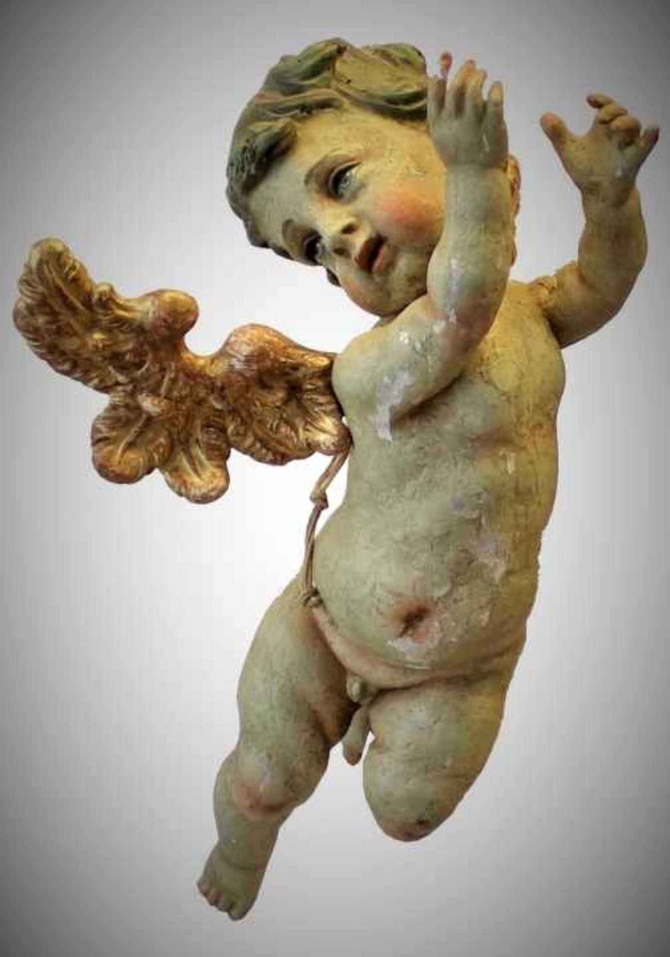 Barocke Skulptur - deutsch 18.Jahrhundert "Putto", Holz geschnitzt und gefaßt, vergoldete Flügel,