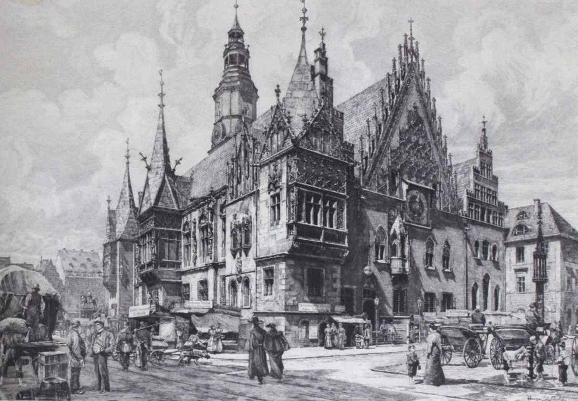 Große Radierung - Hugo ULBRICH (1867 Bad Dirsdorf -1928 Breslau) "Das Rathaus zu Breslau",