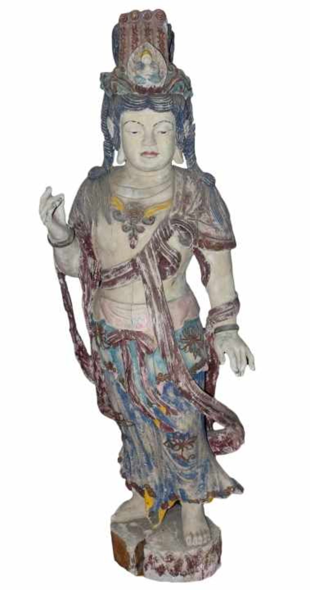 Große Skulptur - wohl Südasien 19./20.Jahrhundert "Stehende Bodhisattva mit Mudru-Geste", Holz