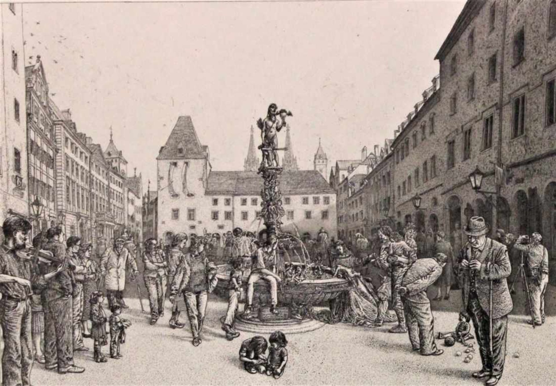 Radierung - Manfred Sillner (1937 Berlin) "Der Altdorfer-Brunnen in Regensburg", r.u.