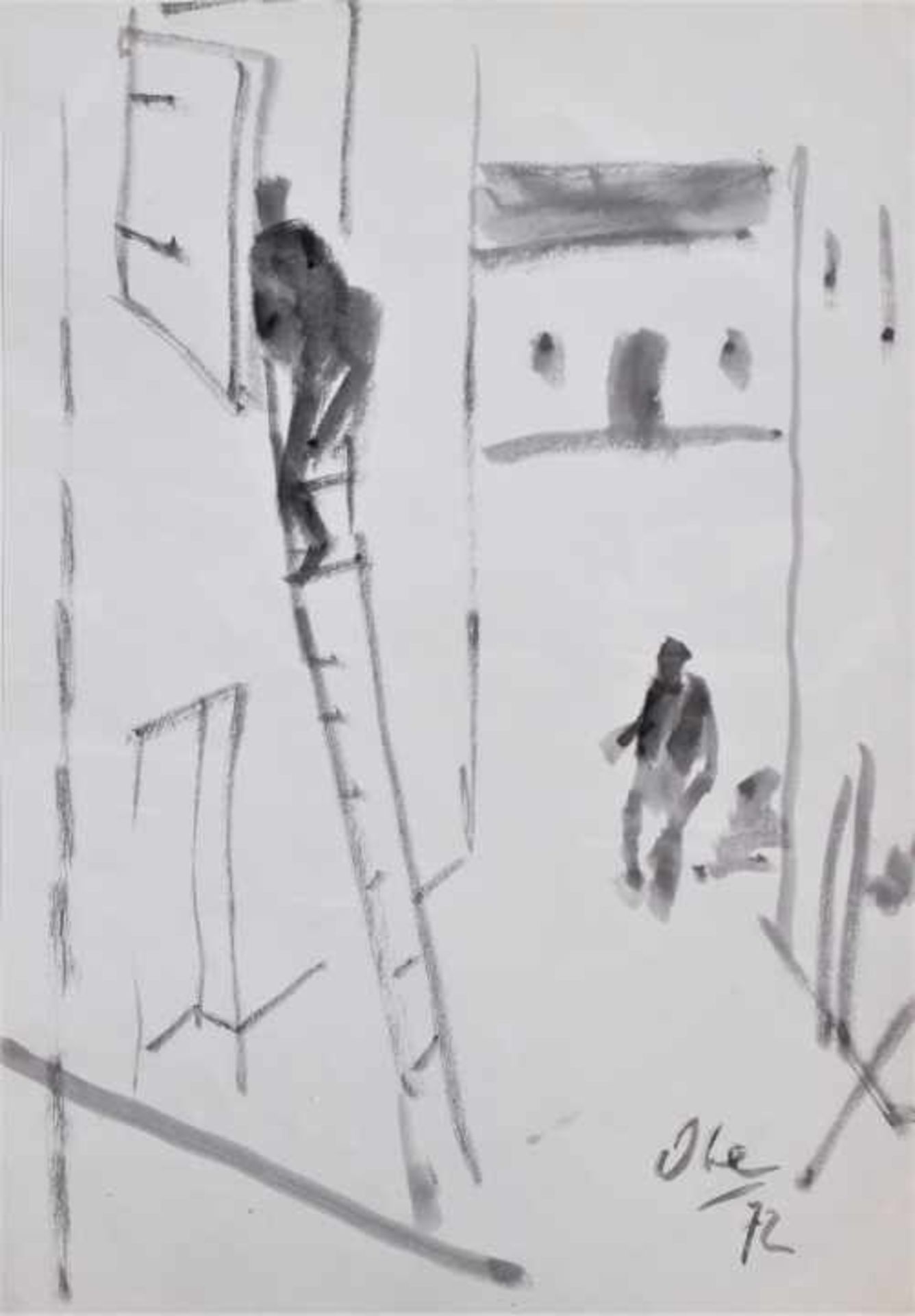 Zeichnung - Josef Oberberger (1905 Regensburg - 1994 Kreuth) "Einbrecher auf der Leiter", r.u.