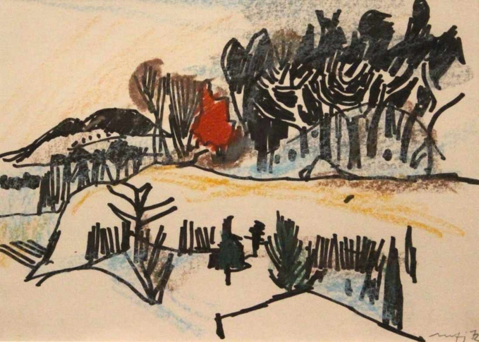 Zeichnung - Willi Ulfig (1910 Breslau - 1983 Regensburg) "Oberpfälzer Landschaft mit rotem Baum",