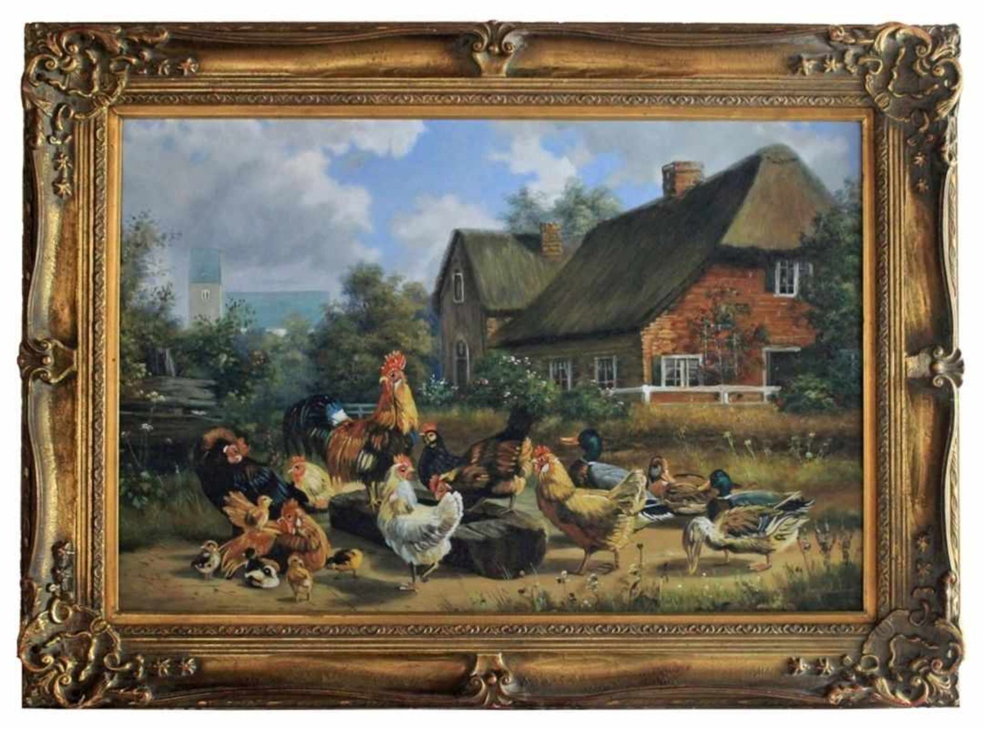 Gemälde - Rolf Balaban (XX.Jahrhundert) "Hühnerhof vor Dorflandschaft", r.u. signiert, Öl auf
