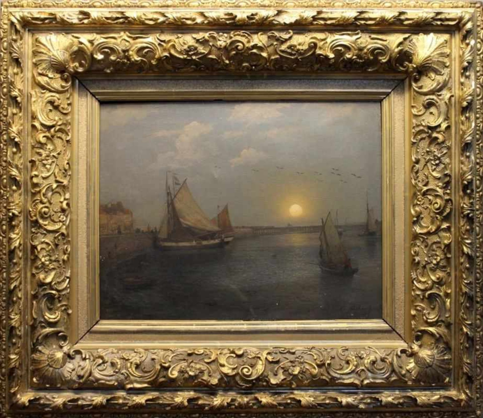 Gemälde - Andreas ACHENBACH (1815 Kassel -1910 Düsseldorf) "Mondnacht - Hafenstadt mit