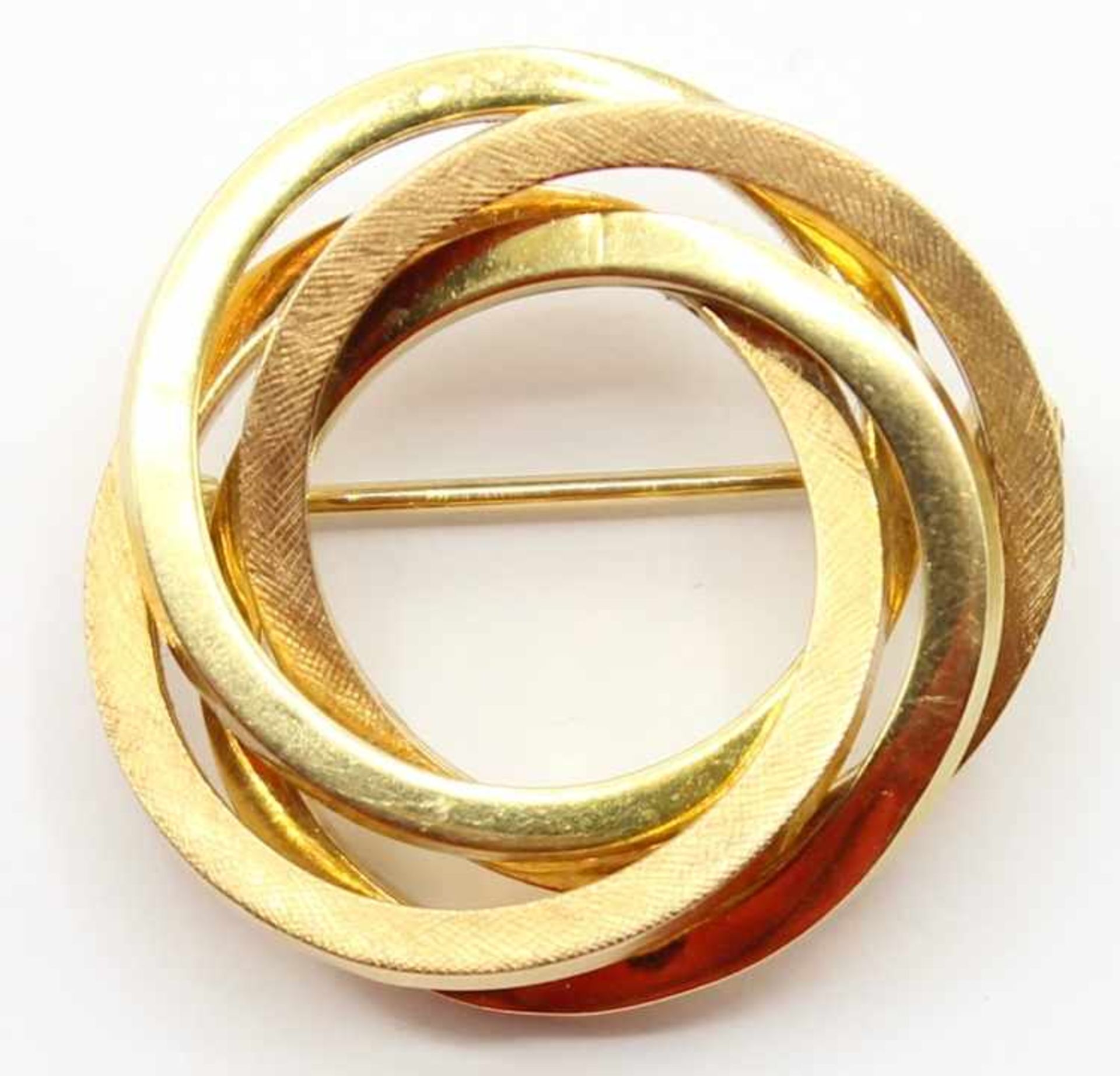 Goldene Brosche - Gold gest. 750 4 verschlungene Ringe, Sicherheitsverschluß, d.= 3 cm, ca. 7,2