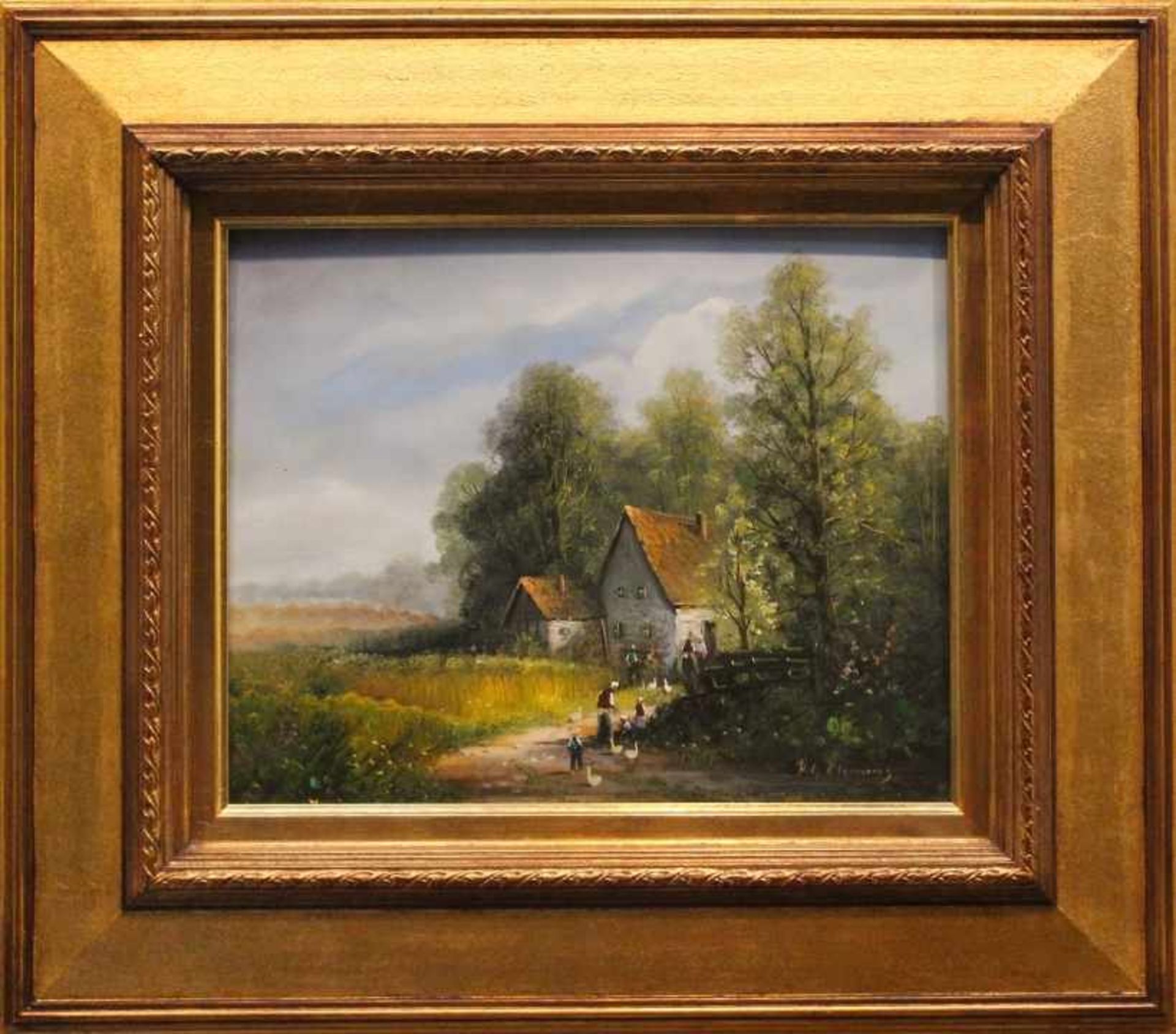 Gemälde - H.G. Clemens (Nürnberg 1941 - 2009) "Landschaft mit Bauernhof, im Vordergrund Personen und