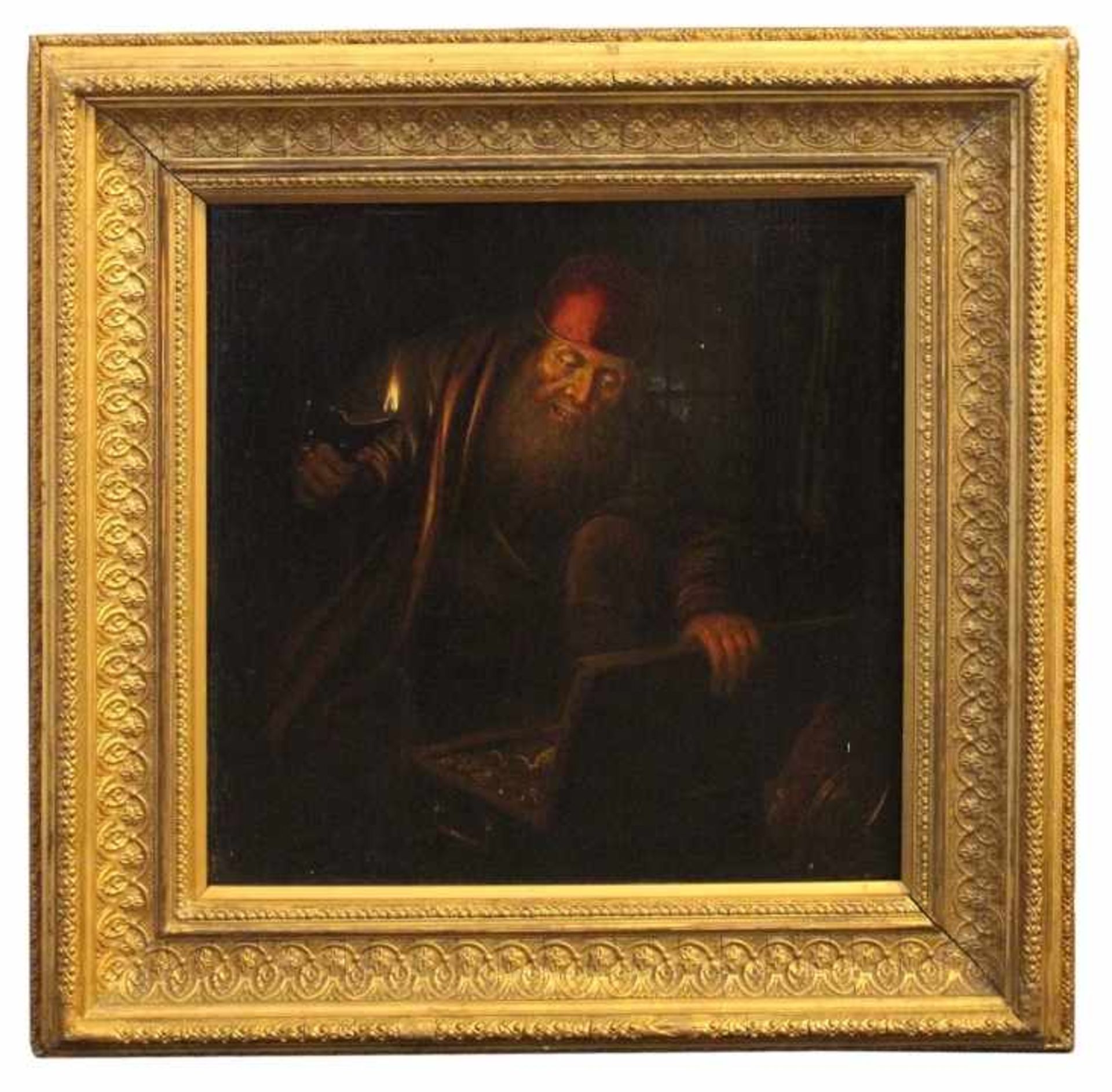 Gemälde - wohl Frankreich 18./19.Jahrhundert "Der Geizige - Ein bärtiger Mann mit roter Kappe öffnet