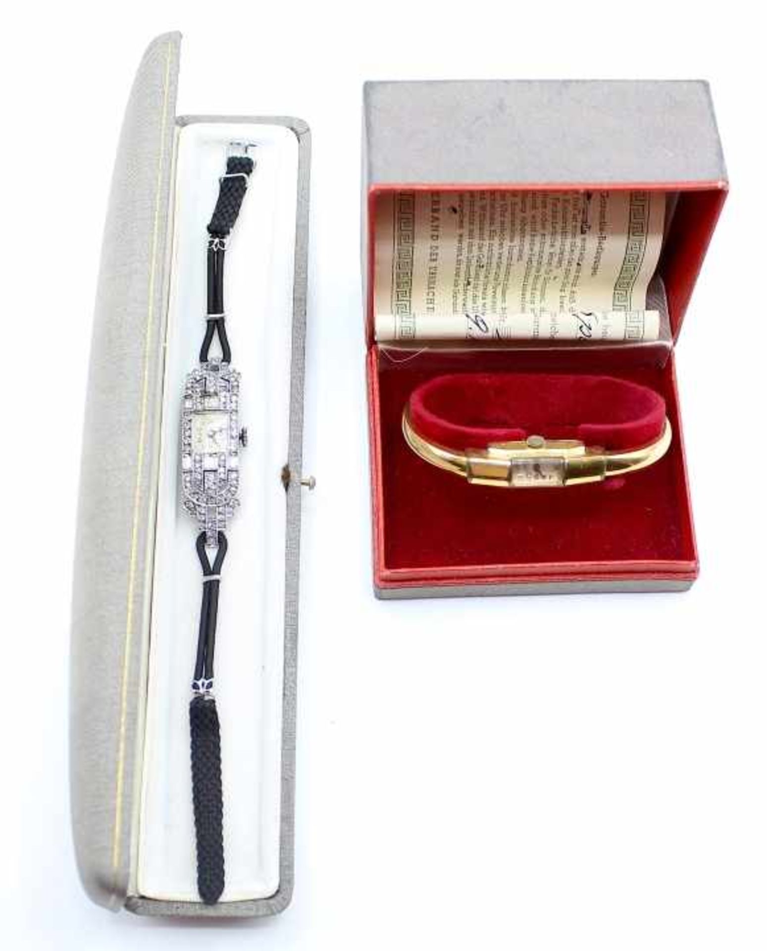 Silberne Armbanduhr - Art Deko Marke D, Silber gest. 925, farbloser Glasbesatz, matt graues
