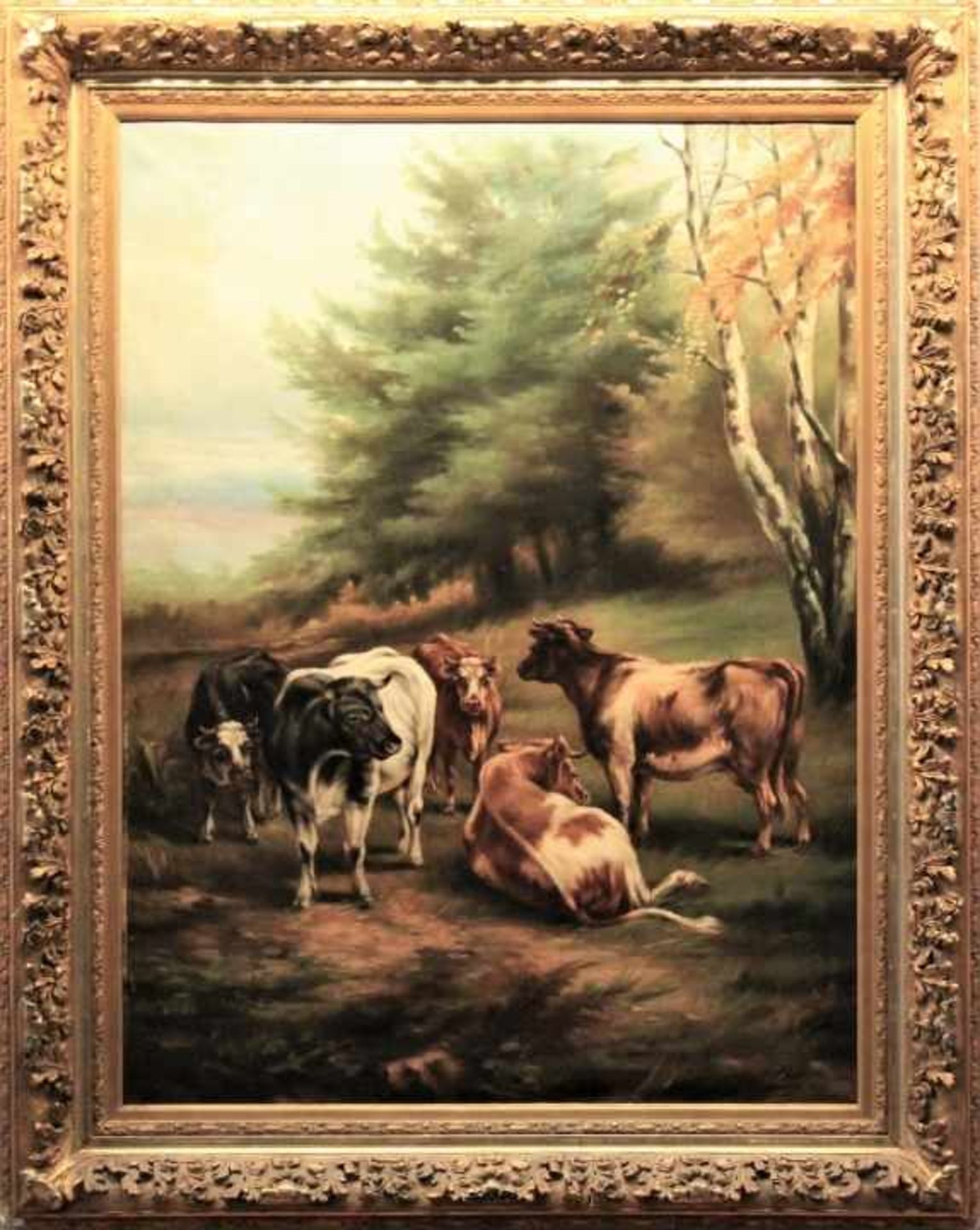 Großes Gemälde - J. Stiennon (19./20.Jahrhundert) "Kuhherde vor Landschaftskulisse", r.u.