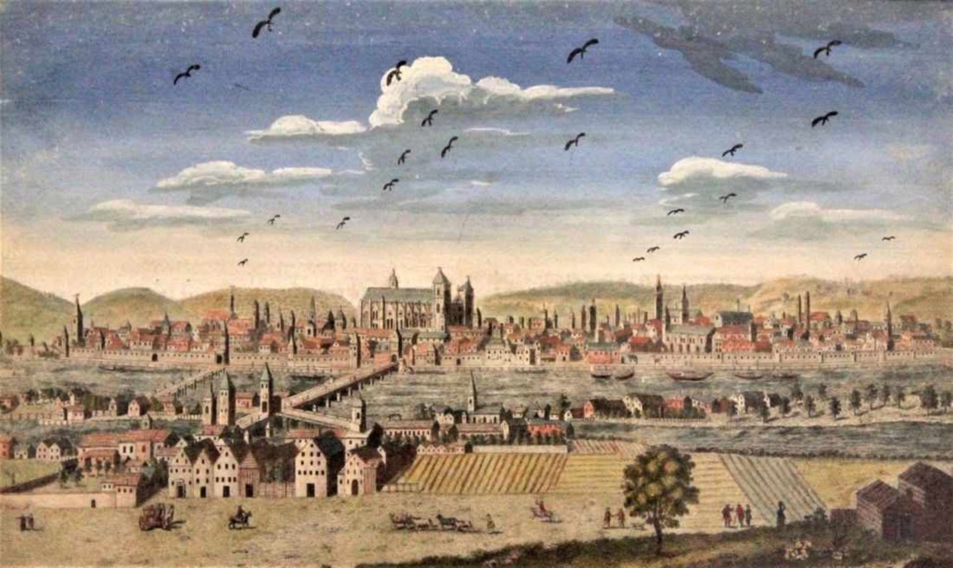 Kupferstich - Anonym 18.Jahrhundert "Regensburger Stadtansicht, im Vordergrund Stadtamhof mit