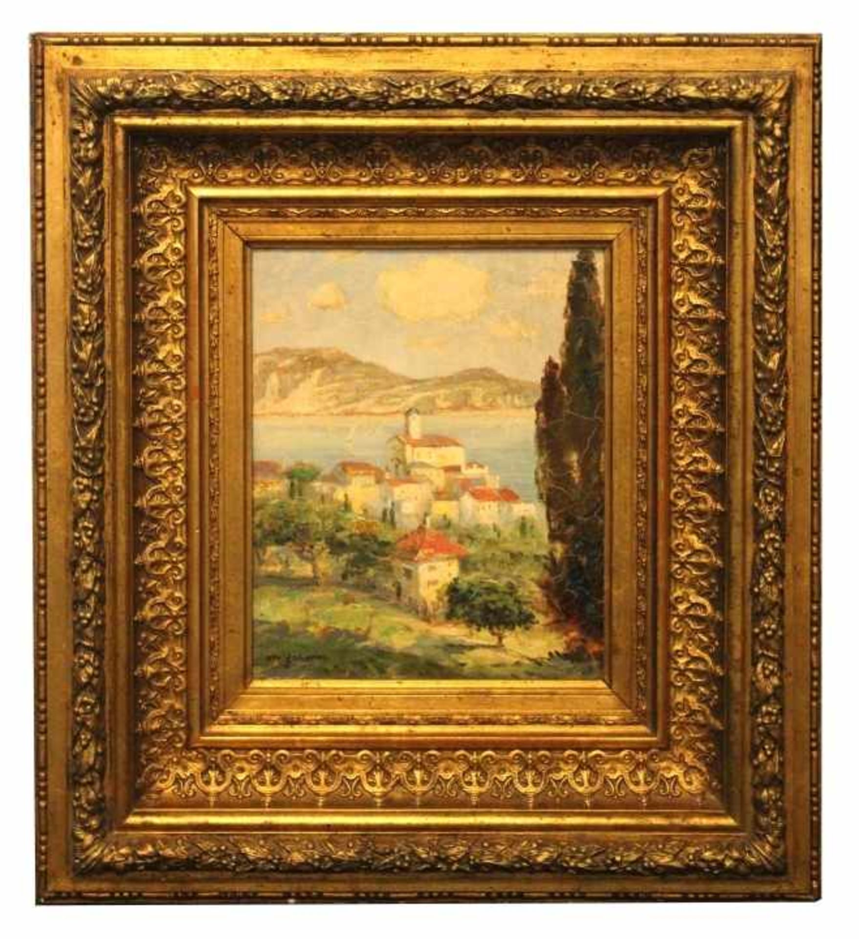 Gemälde - Otto Zacharias (1876 Regensburg - 1952) "Südliche Landschaft mit See- und Dorfansicht",