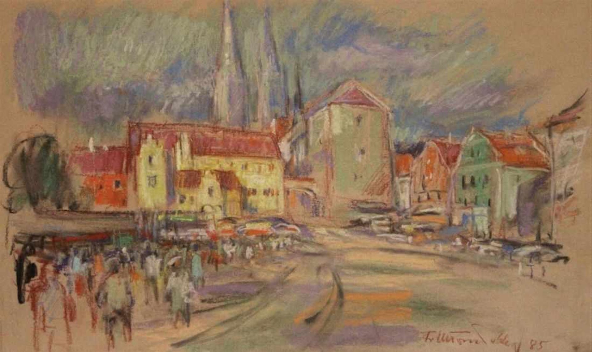 Zeichnung - Fritz Wurmdobler (1915 Regensburg 2008) "Regensburg - Kornmarkt mit Blick auf den