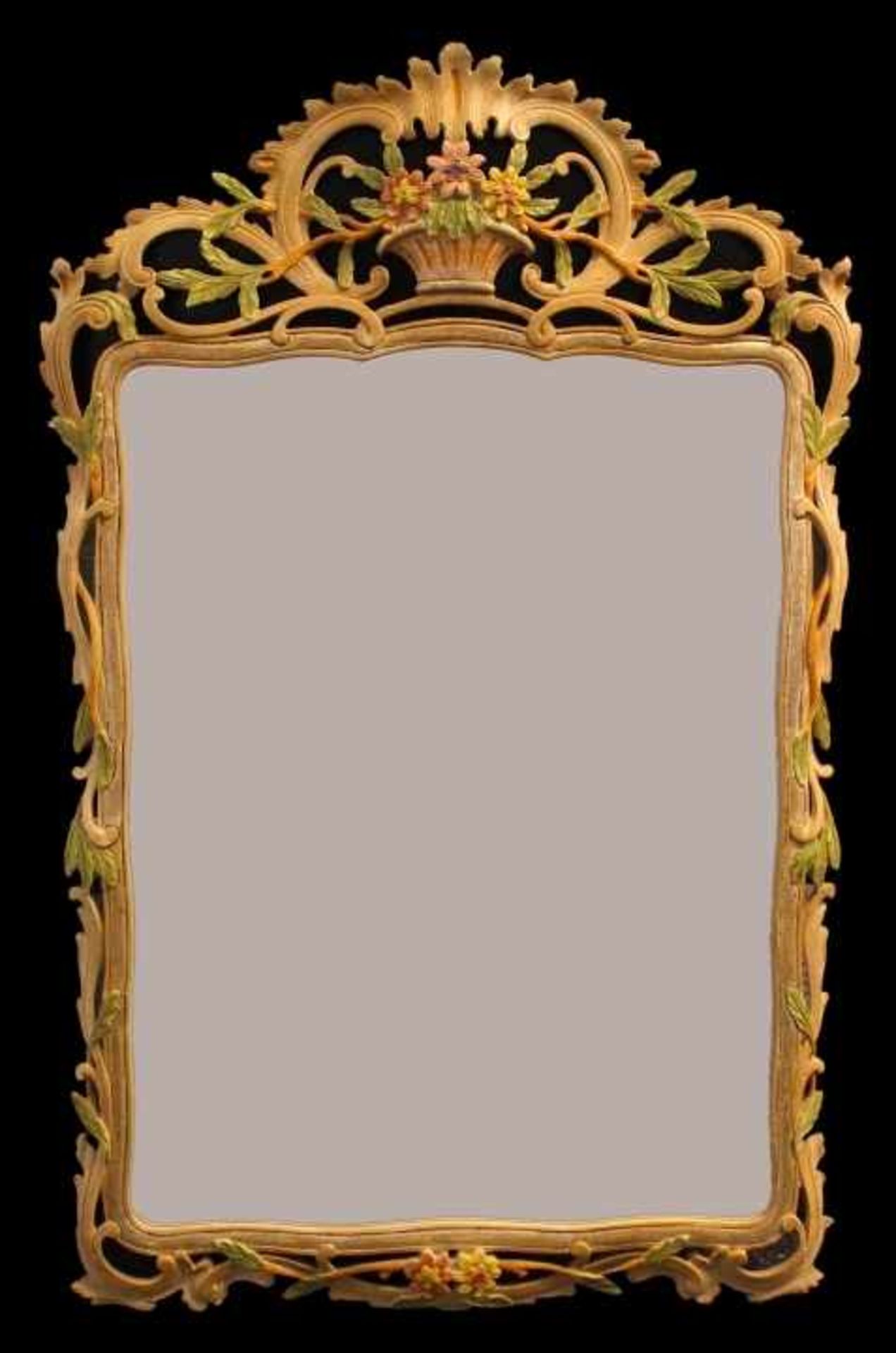 Spiegel im Barockstil 20.Jahrhundert, Holz geschnitzt, teilweise bemalt, verziert mit Blattwerk/