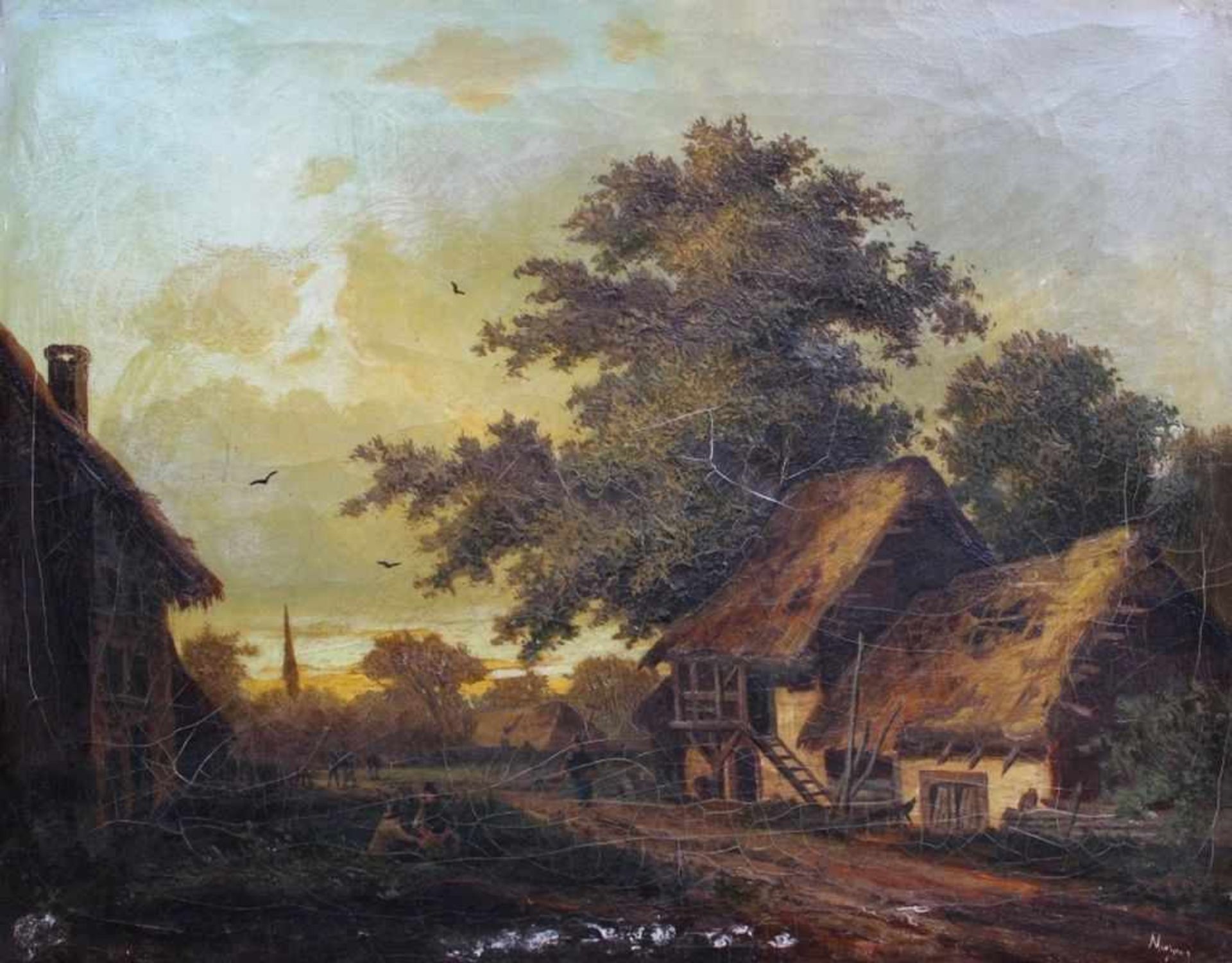 Gemälde - Ende 19.Jahrhundert "Dorflandschaft mit Personenstaffage", r.u. unleserlich signiert, Öl