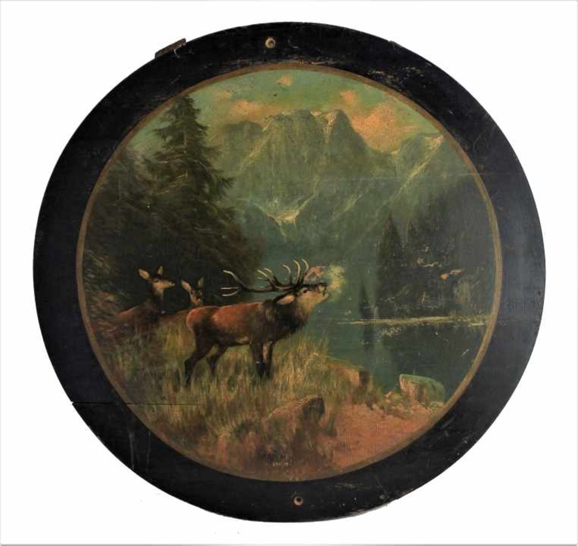 Schützenscheibe - München um 1900 "Alpenkulisse mit röhrendem Hirschen", u.M. undeutlich signiert (