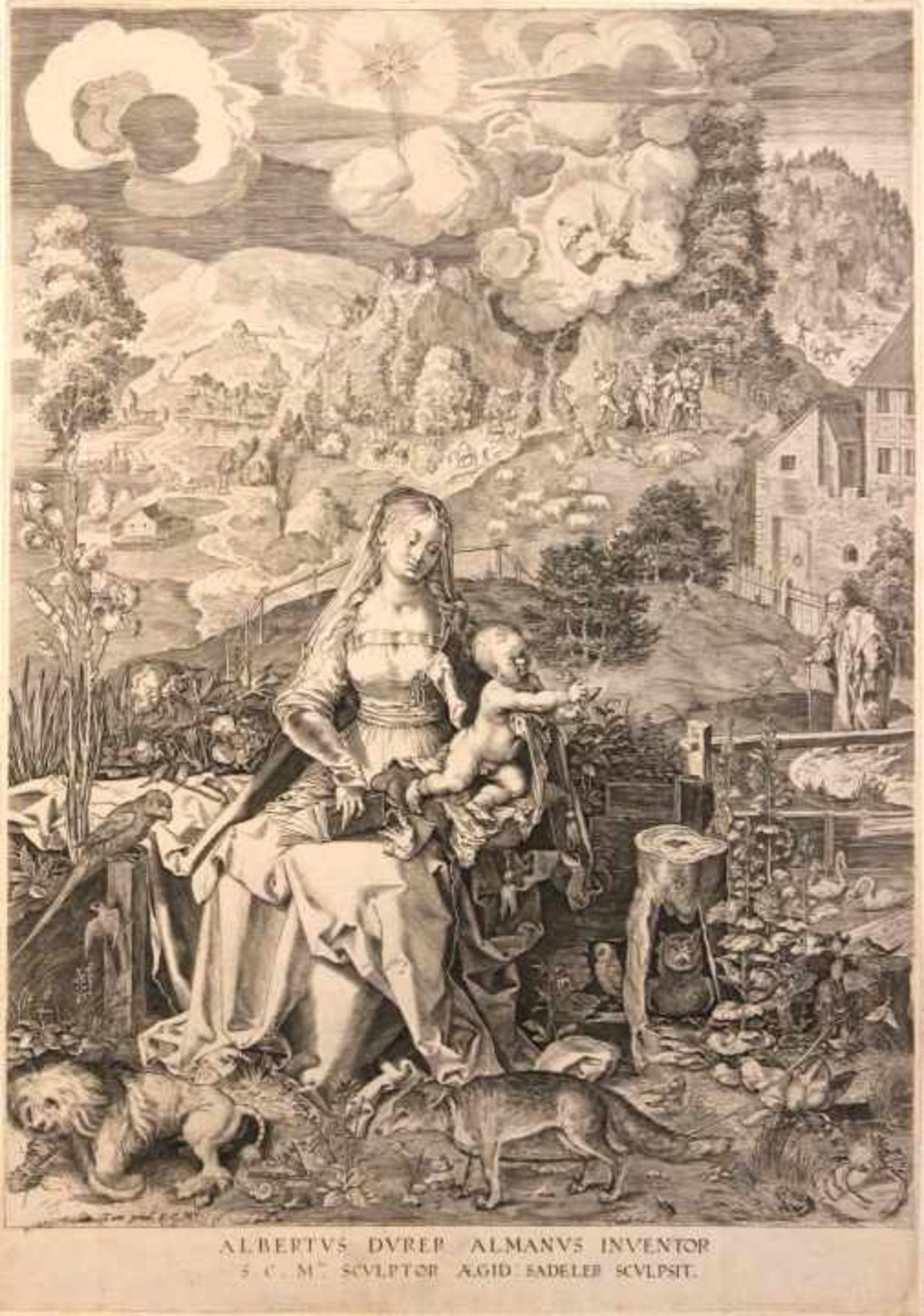 Kupferstich - Egidius II SADELER (1570 Antwerpen - 1629 Prag) "Maria mit den vielen Tieren", nach