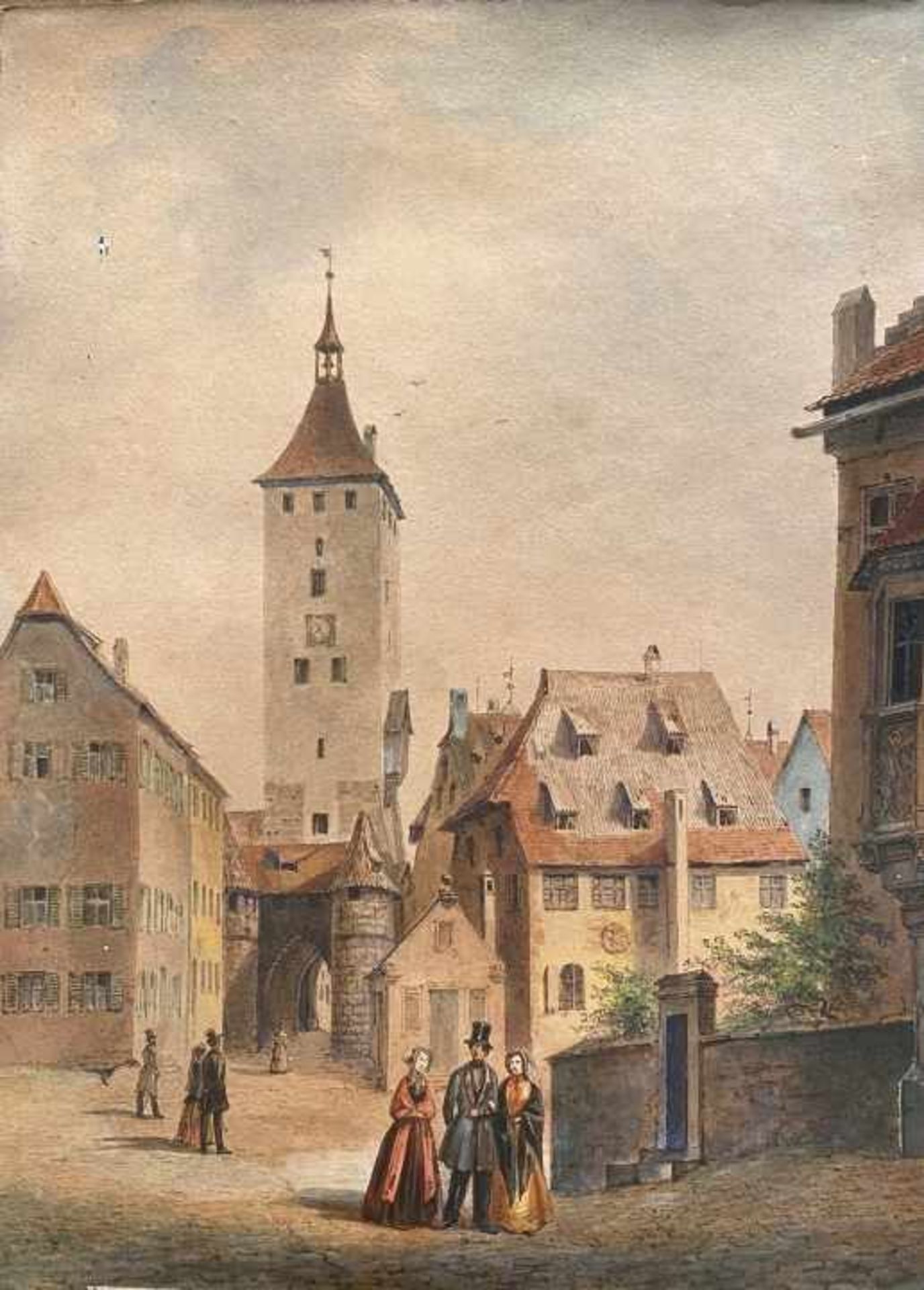 Aquarell - Biedermeier Mitte 19.Jahrhundert "Stadtansicht mit mittelalterlichem Stadttor, im