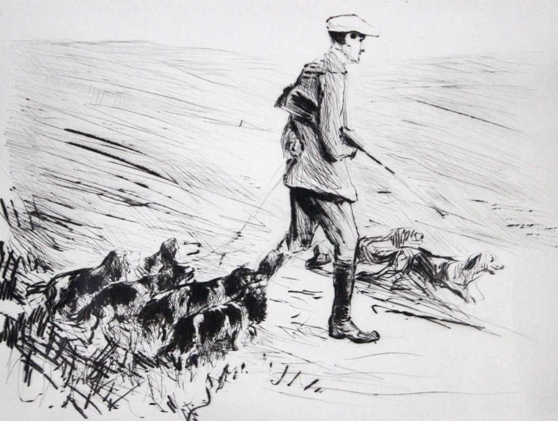 Radierung - Max Liebermann (1847 Berlin 1935) "Jäger mit Hunden", typographisch bezeichnet, aus: