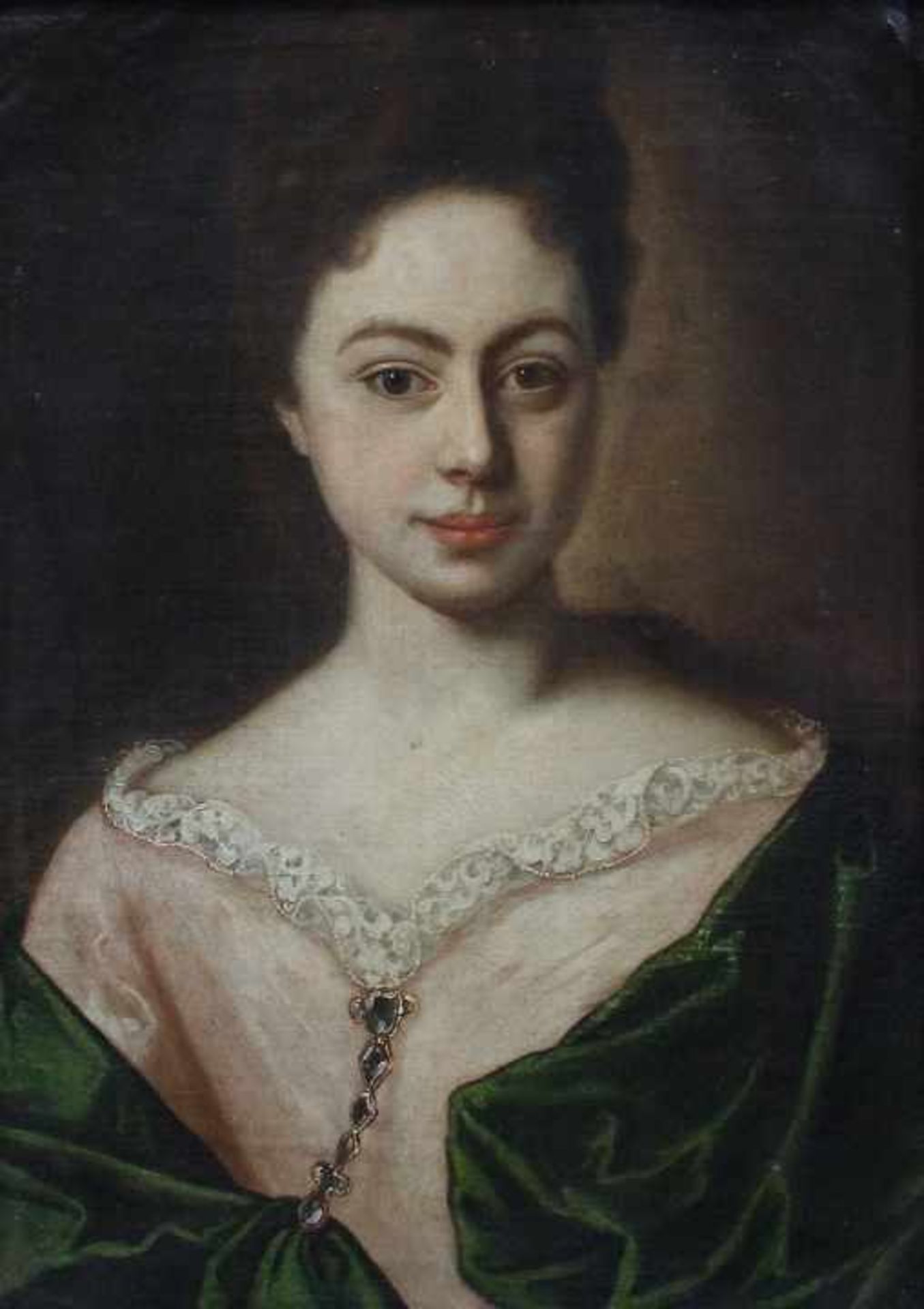 Gemälde - Anonym (18.Jahrhundert) "Damenbildnis mit grüner Manteldraperie und Clip", unsigniert,