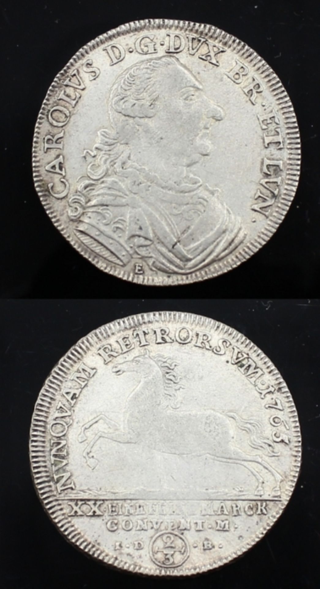 Reichsmünze 2/3 Konventionsthaler, XX Eine Feine Mark, Carolus Dux 1765, Rs: Inschrift Carolus. D.