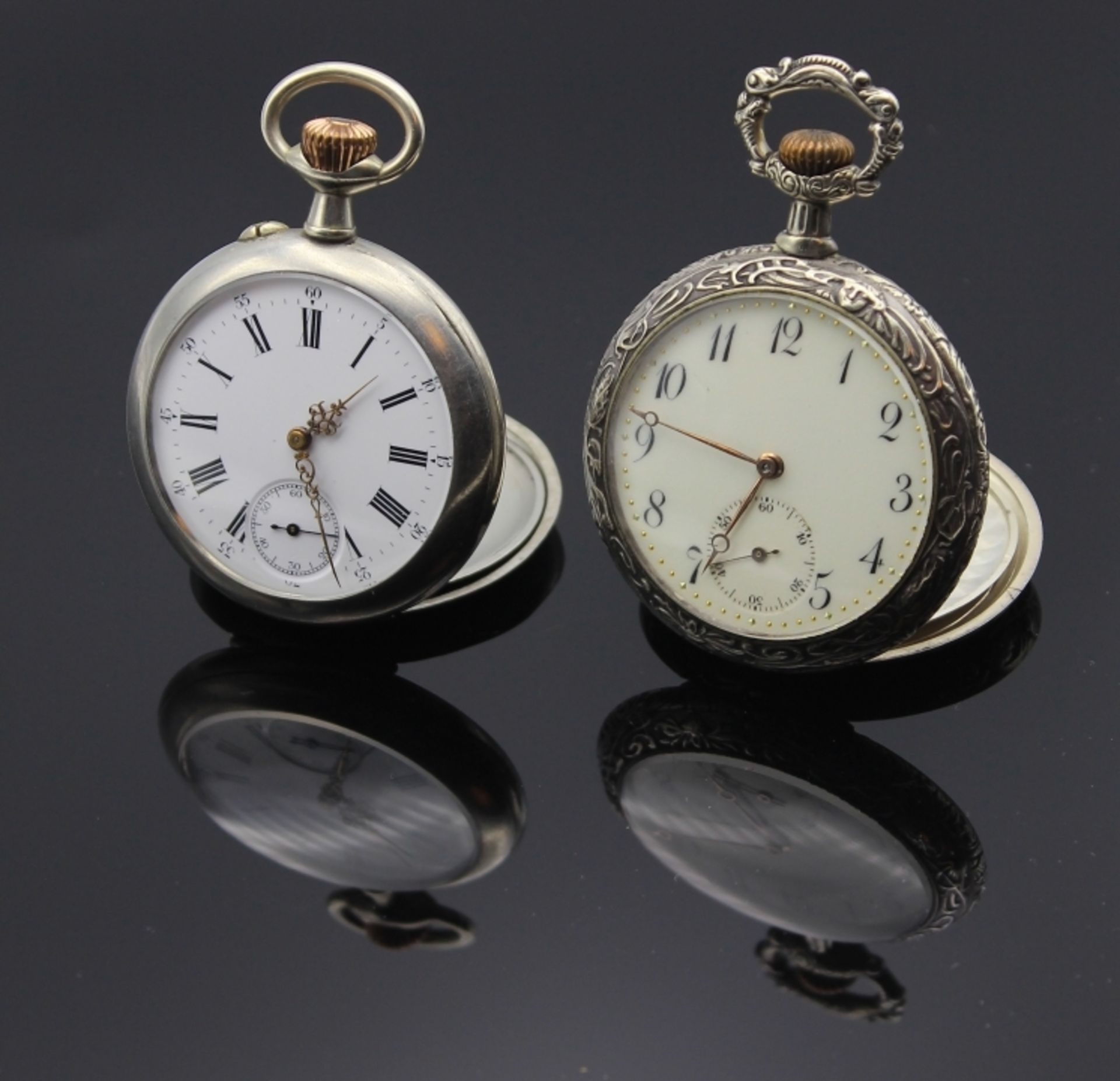 Lot Taschenuhren 1. Offene Jugendstil-Taschenuhr mit Reitermotiv im Argentangehäuse, No. 748432,