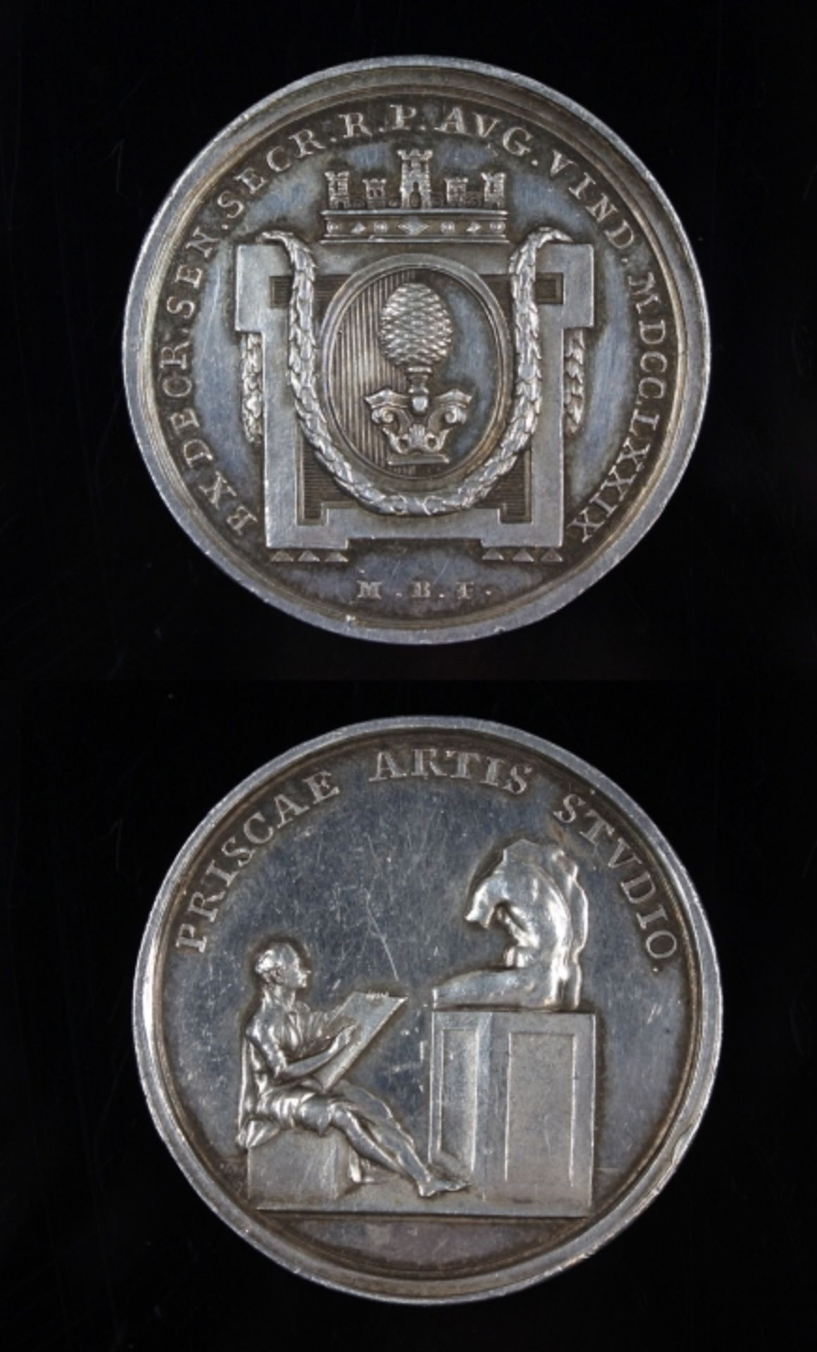 Augsburger Preismedaille zu den Prämien der Akademie 1779, Vs: Augsburger Wappen mit Stadtsilhouette