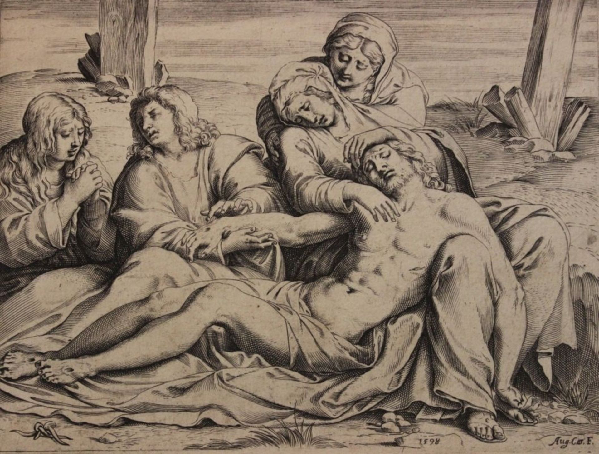 Kupferstich - Agostino CARRACCI (1557 Bologna - 1602 Parma) "Kreuzabnahme", Plattensignatur Aug.