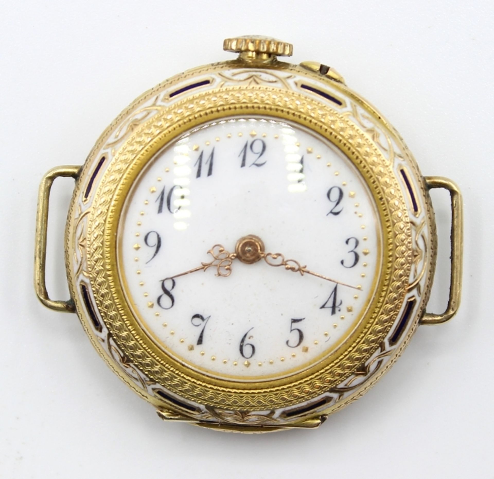 Goldene Armbanduhr - Remontoir um 1920/30 No. 23113, Staubdeckel mit Monogramm AG,