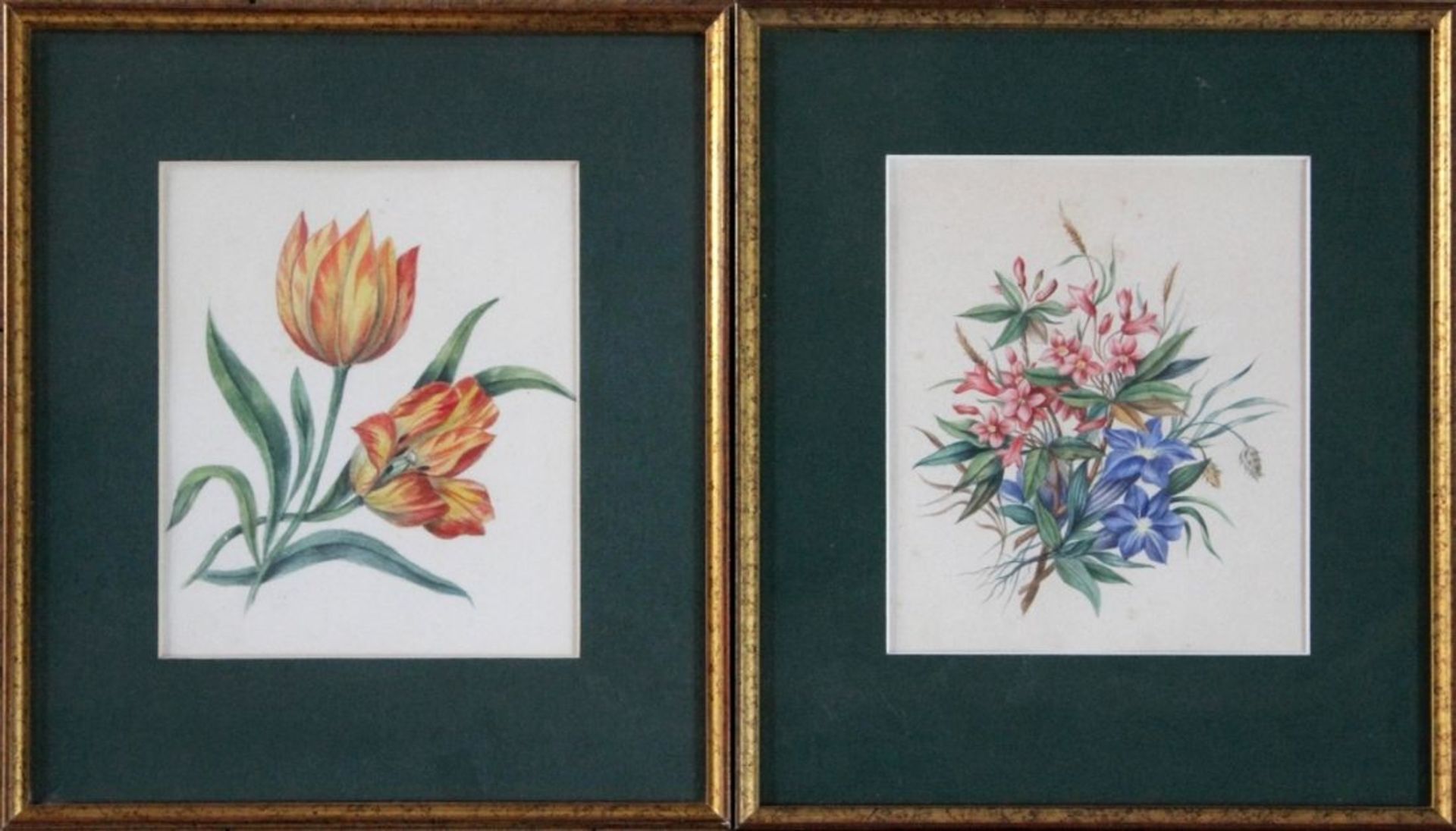 Paar Aquarelle - deutsch 1.H.19.Jahrhundert "Blumenstillleben", anonymer Künstler, lasierende Farben