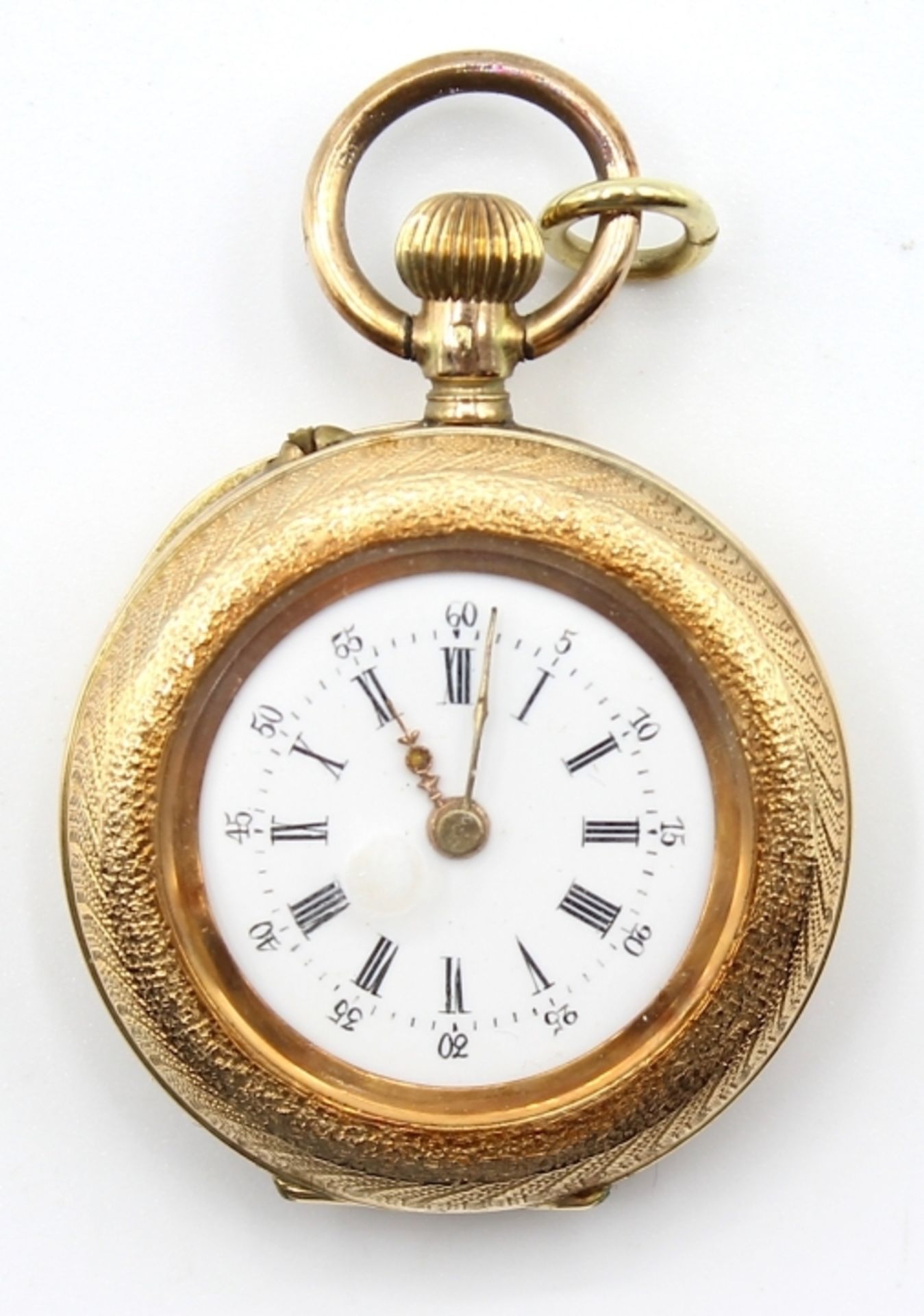 Goldene offene Damenhängeuhr - Remontoir No. 67625, Gehäuse und 1 Deckel Gelbgold 585,