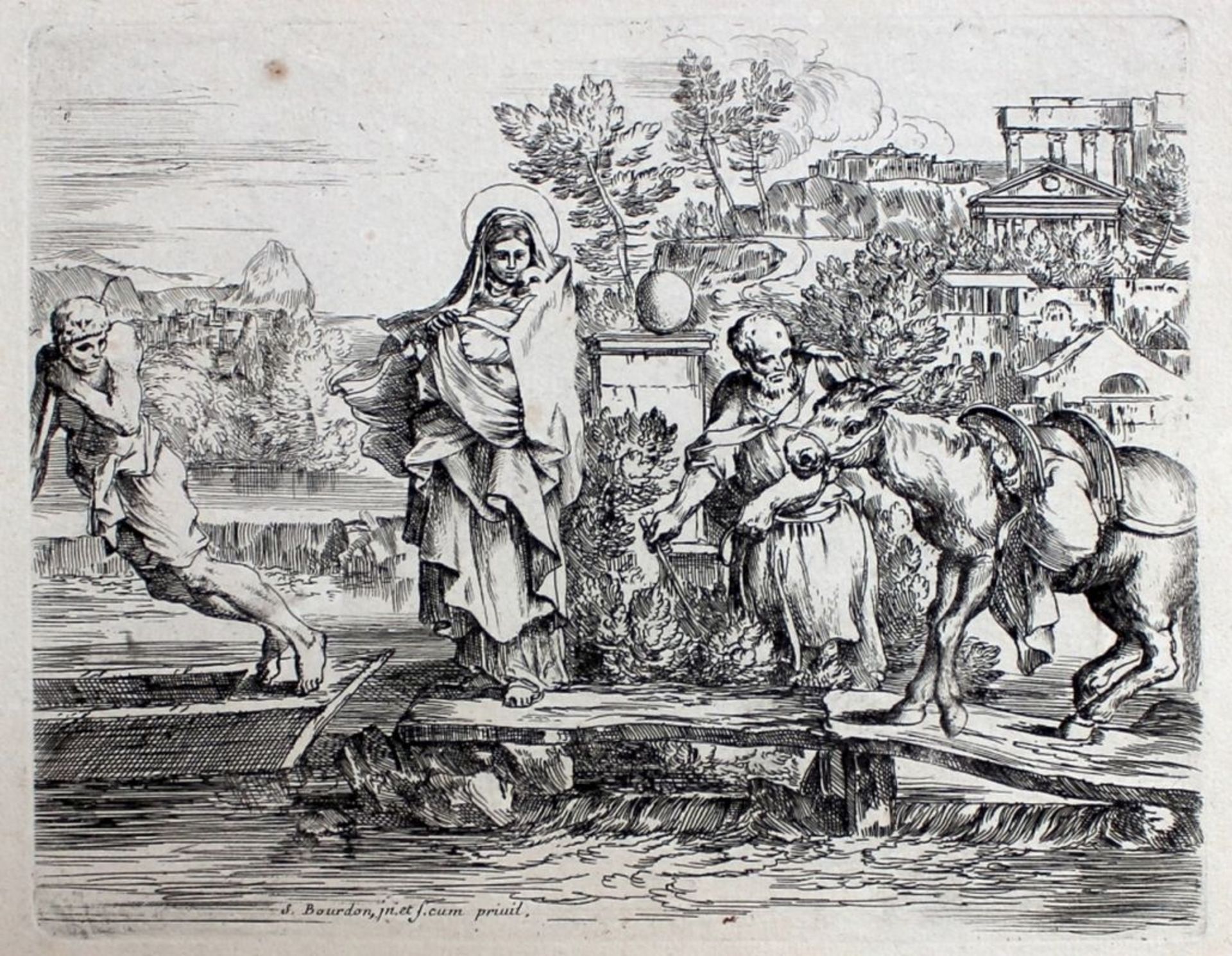 Radierung - Sebastian Bourdon (1616 Montpellier -1671 Paris) " Flucht nach Ägypten ",