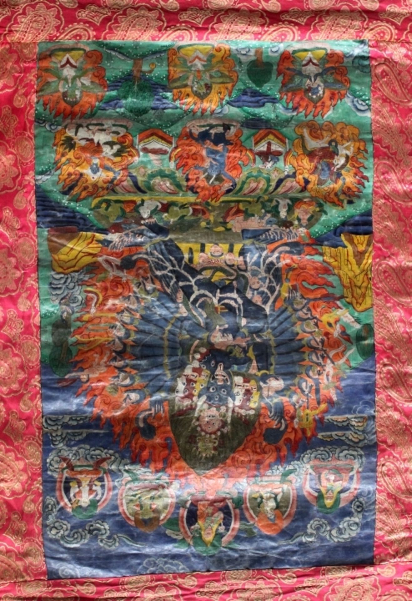 Thangka - woh Nepal 20.Jahrhundert "Neunköpfige Gottheit Vajrabhairava in loderndem Flammenkranz,