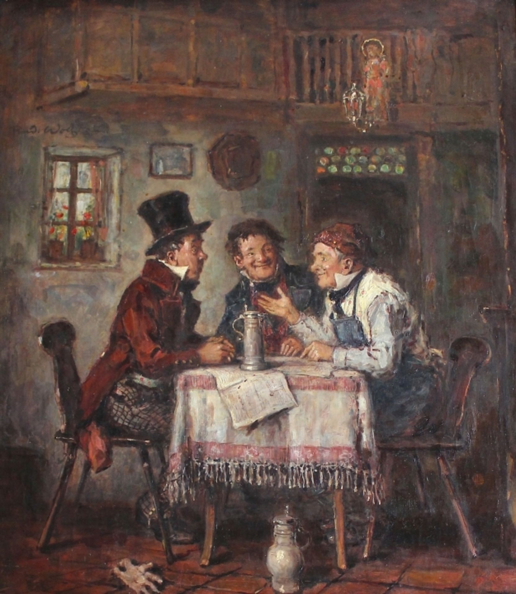 Gemälde - Rudolf WOLF (1877 Leipzig - 1940 München) "Wirtshausinterieur - Diskussion am Stammtisch",