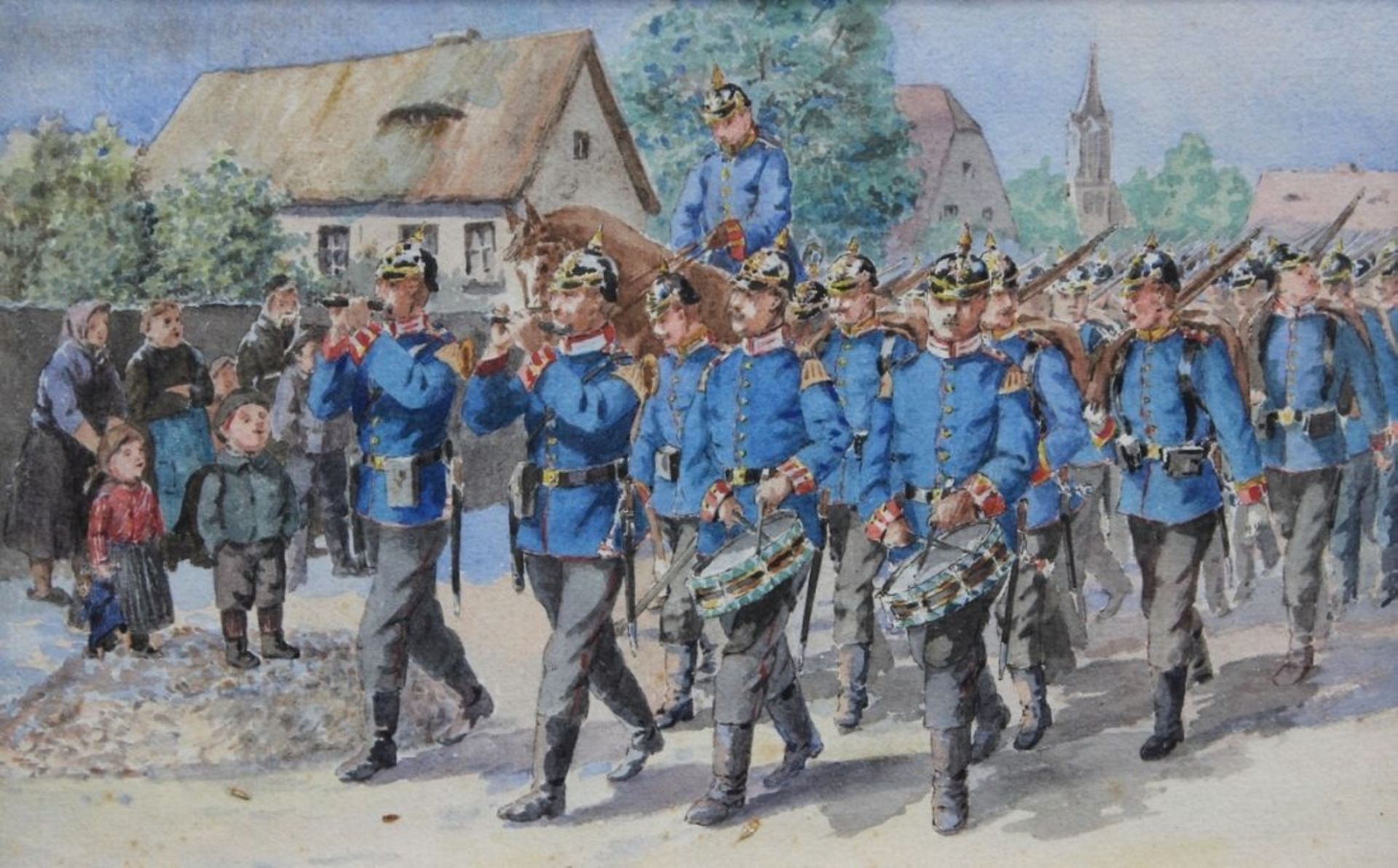 Aquarell - Anonym (19./20.Jahrhundert) "Militaria 1. Weltkrieg - Musikkorps mit Infanterie-