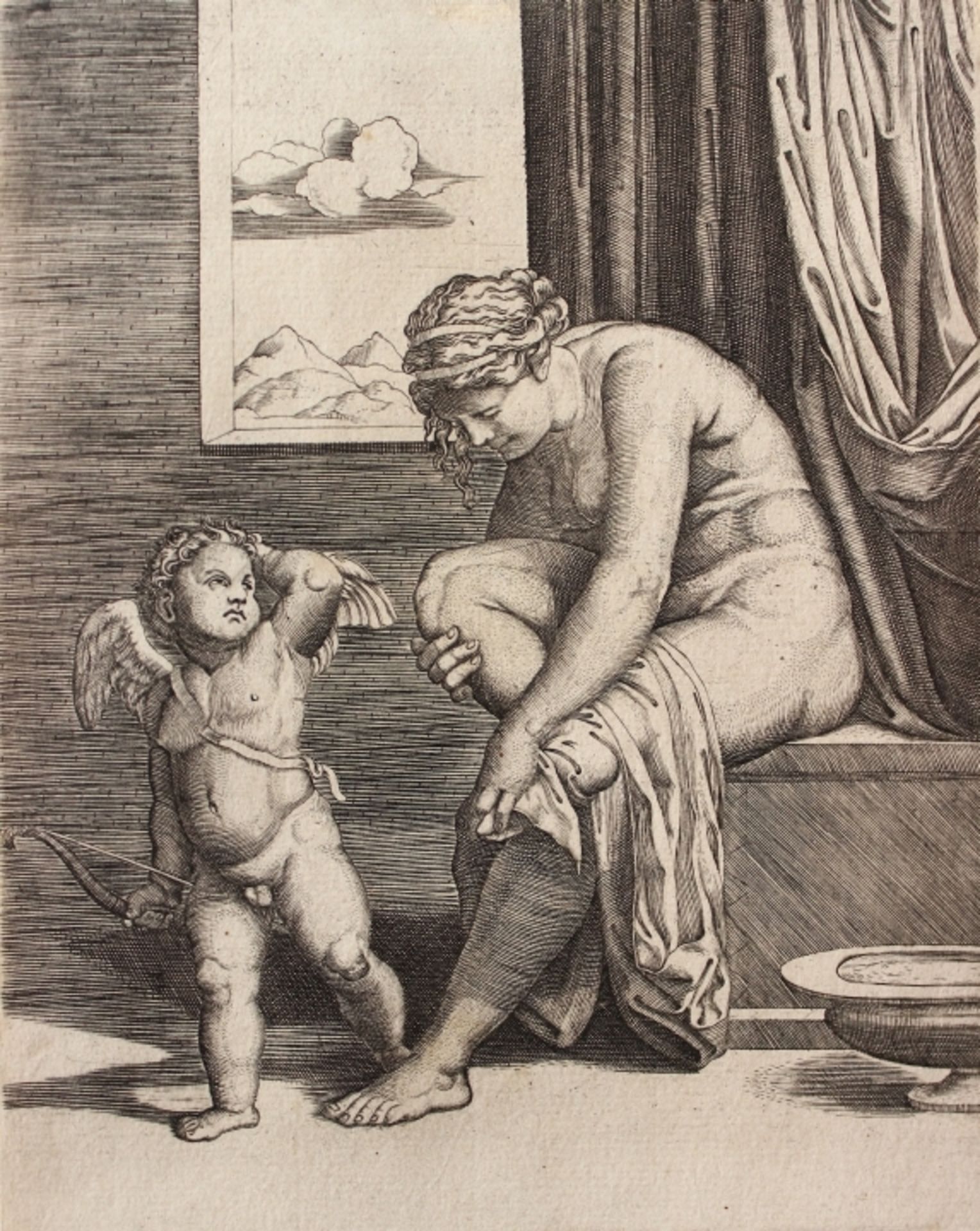 Kupferstich - nach Marcantonio RAIMONDI (c.1480 Agini -1527/34 Bologna) "Venus nach dem Bade mit