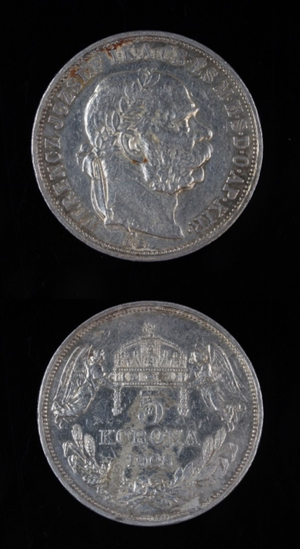 Silbermünze - Österreich 1908 5 Kronen über Kornähren, Kaiserliche Kronen von 2 schwebenden Engeln
