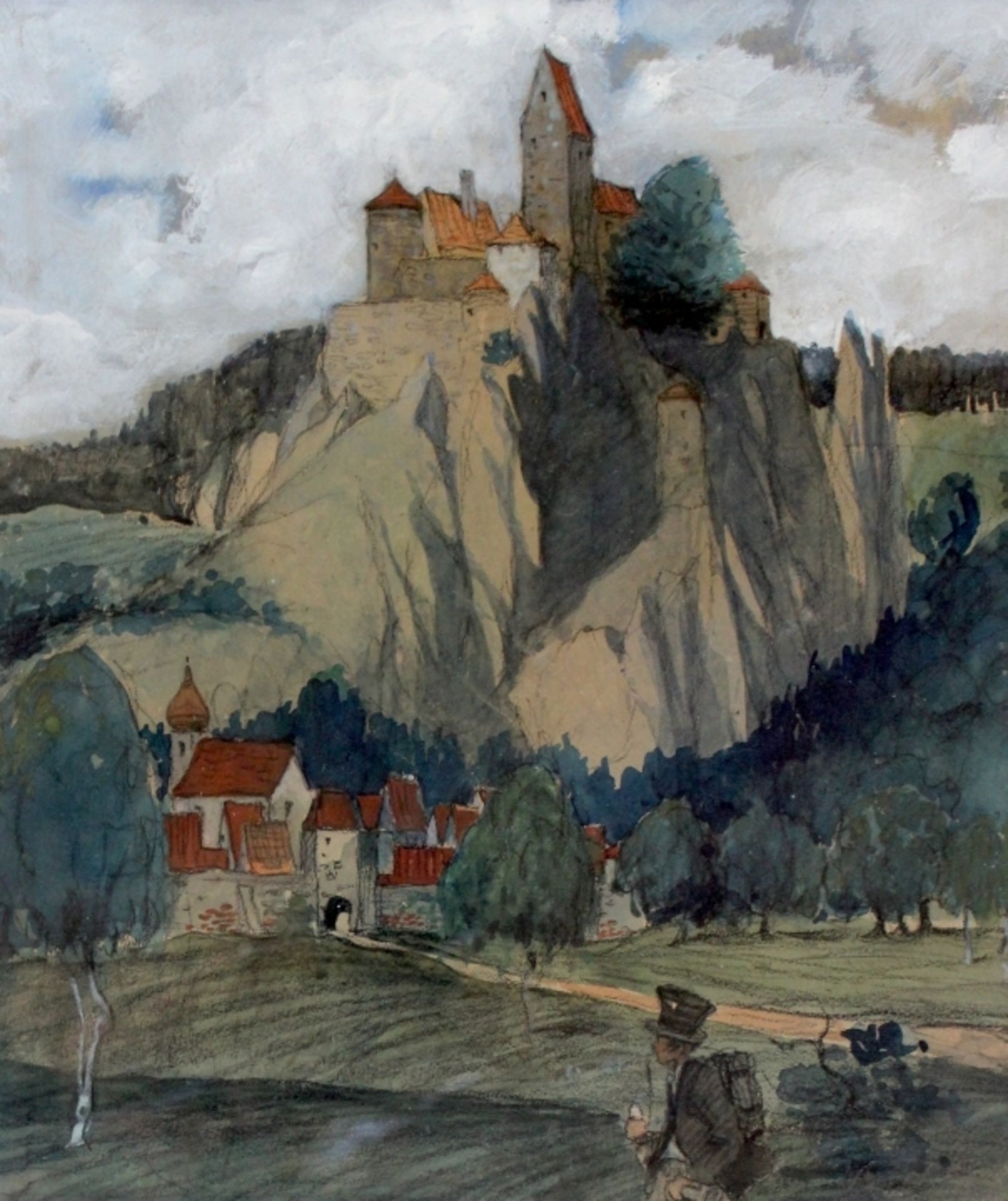 Gemälde - Max Wissner (1873 Geiersberg/Böhmen - 1959 Regensburg) "Wanderer vor Schlossanlage", 1905,