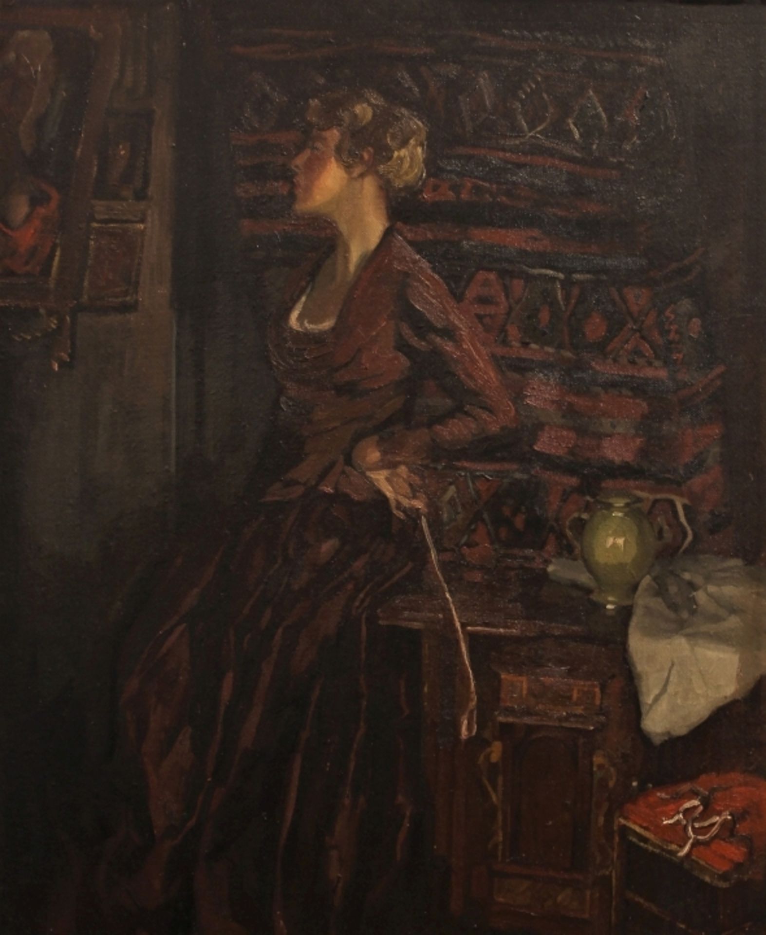 Gemälde - Wolfgang WAGNER (1884 Furth im Wald - 1931 München Pasing) "Junge Dame vor Interieur",