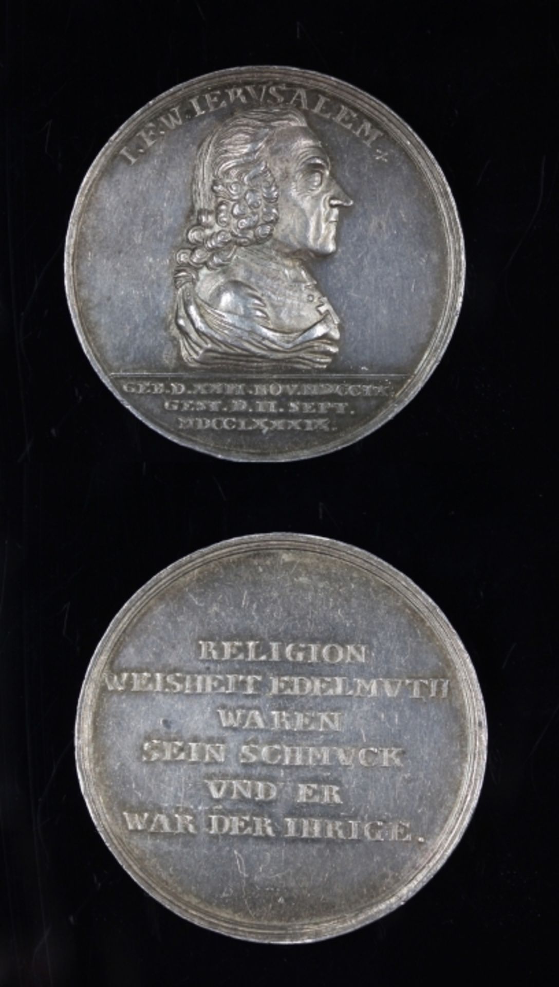 Gedenkmedaille an J.F.W. Jerusalem Brustbild nach rechts, Inschrift " Geb.den 22.Nov. 1709, gest.den