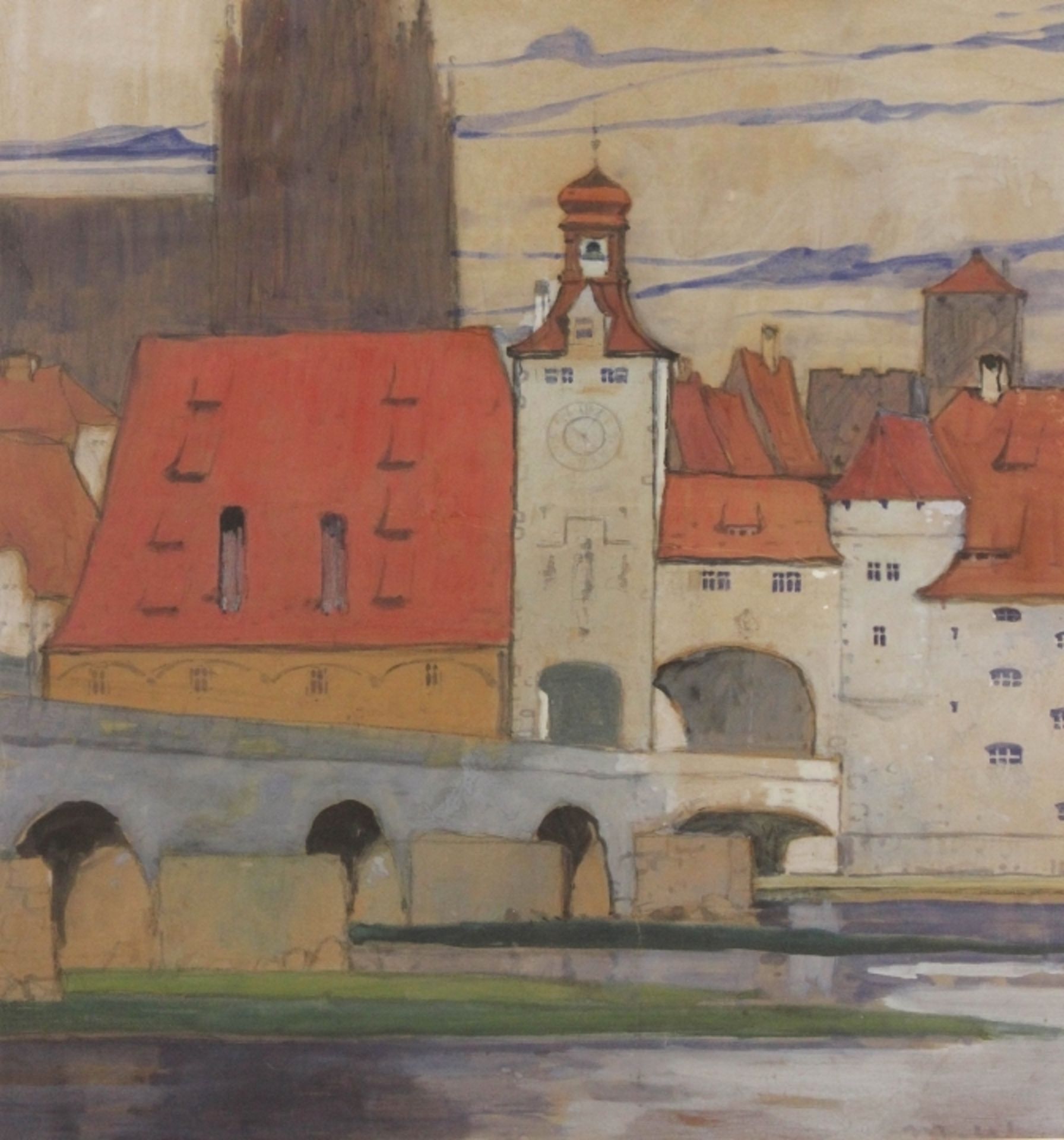 Großes Aquarell - Max Wissner (1873 Geiersberg/Böhmen - 1959 Regensburg) "Regensburg - Stein. Brücke