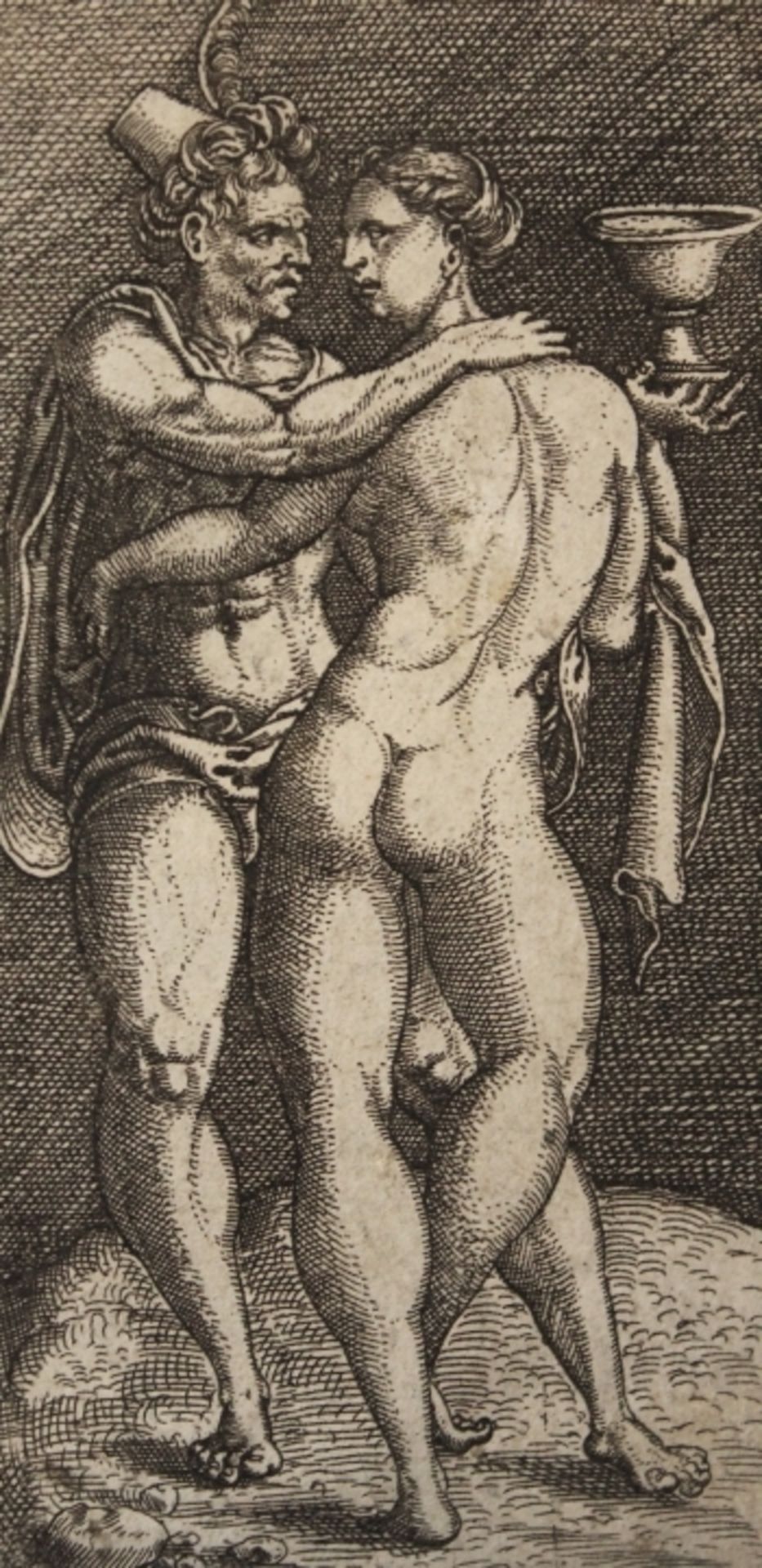 Kupferstich - Kleinmeister des 16.Jahrhunderts "Erotische Szene", unsigniert, Maße ca. 8x4,1 cm,