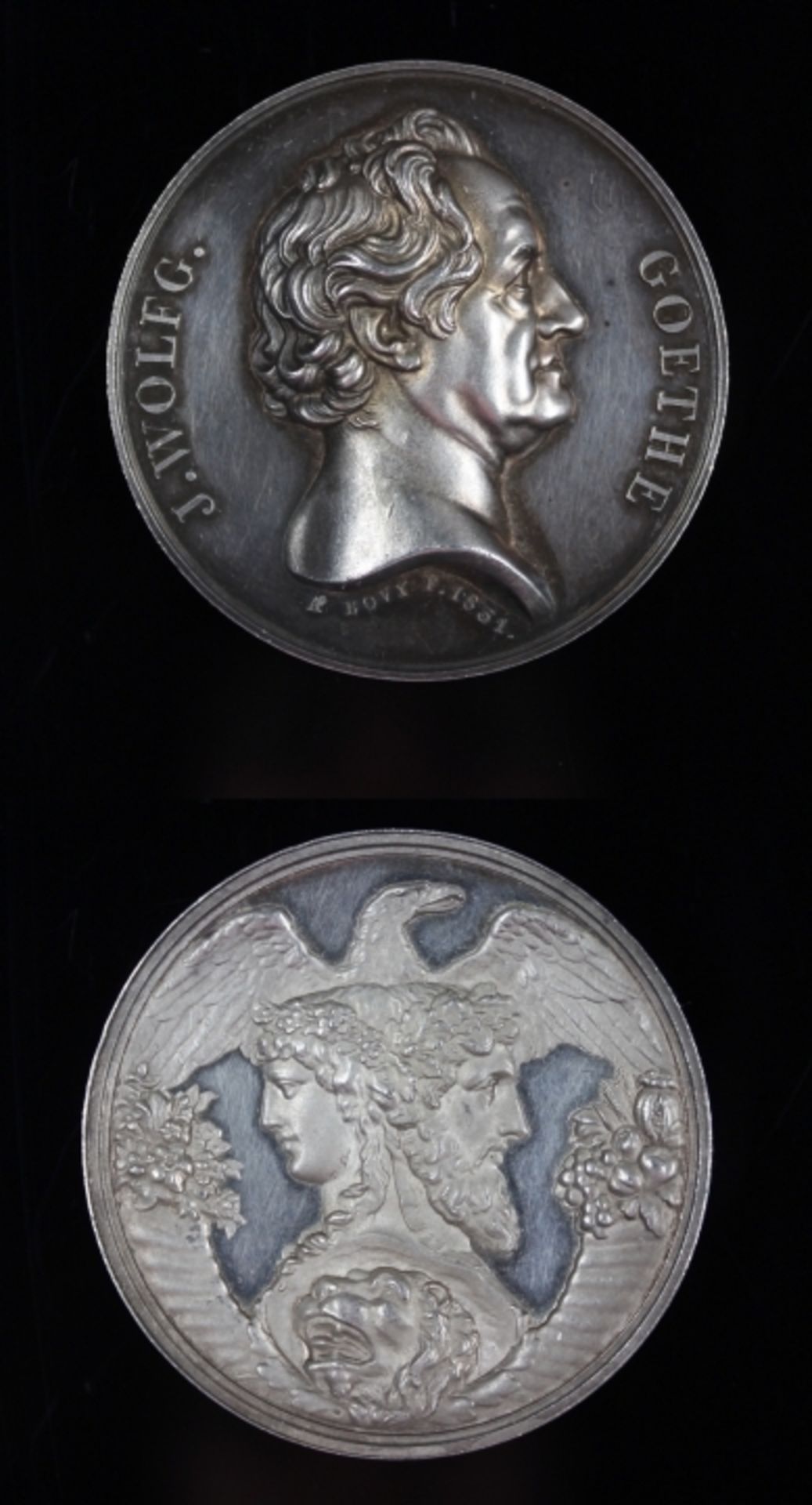 Silbermedaille von 1831, Johann Wolfgang von Goethe, Vs: Kopf nach rechts, Rs: Stadt Frankfurt a. M.