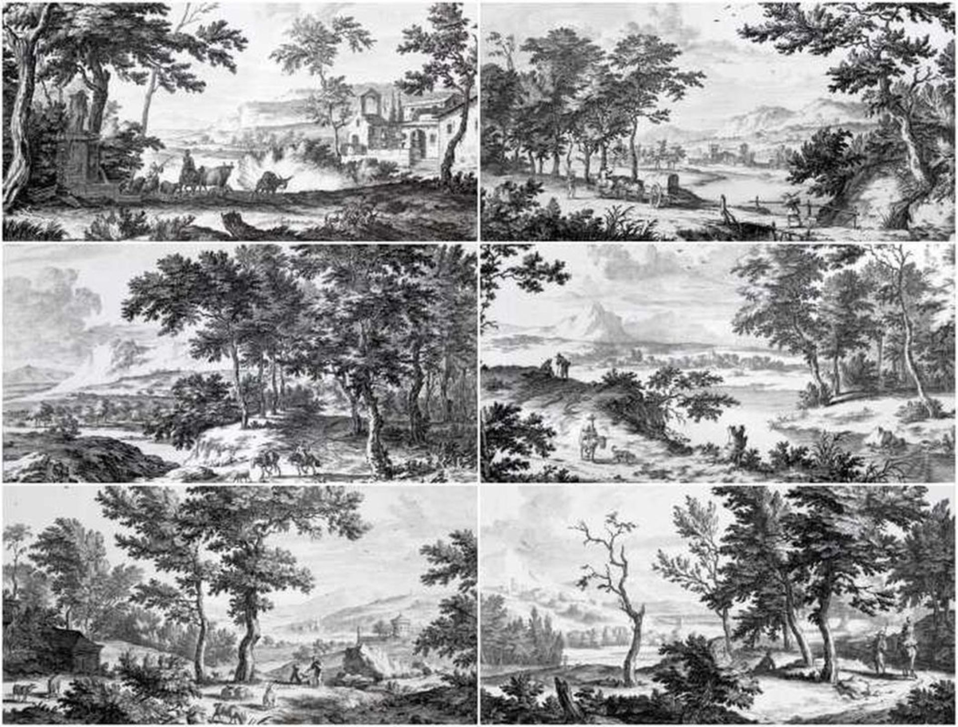 6 Stiche - Elias BAECK (1679 Augsburg 1747) "Landschaften mit Vieh und Hirten nach Berchem",